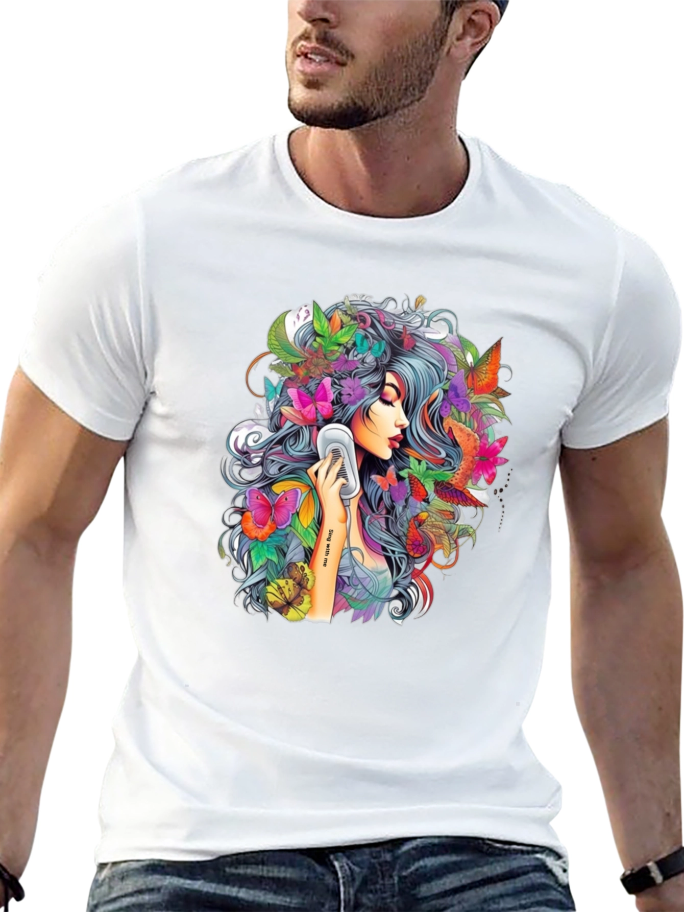 Floral Girl Graphic Print Black T-Shirt