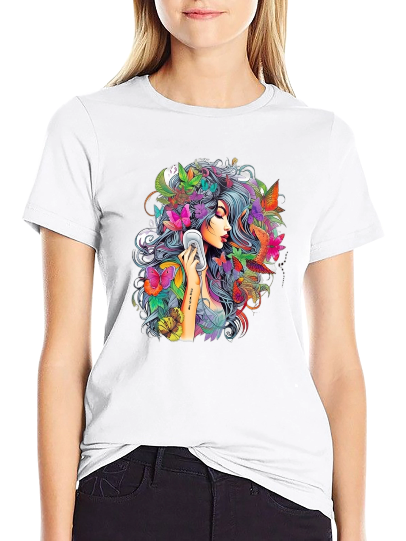 Floral Girl Graphic Print Black T-Shirt