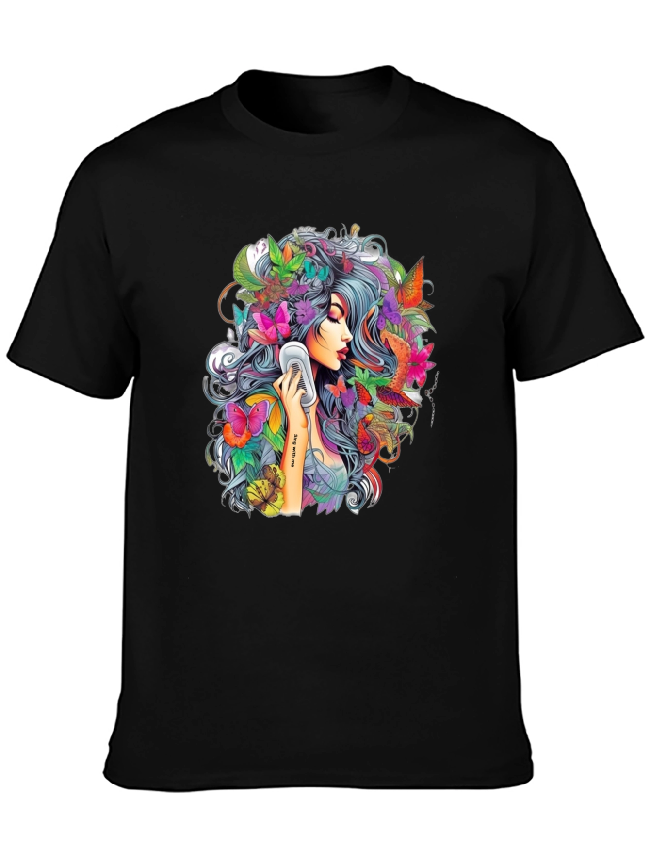 Floral Girl Graphic Print Black T-Shirt