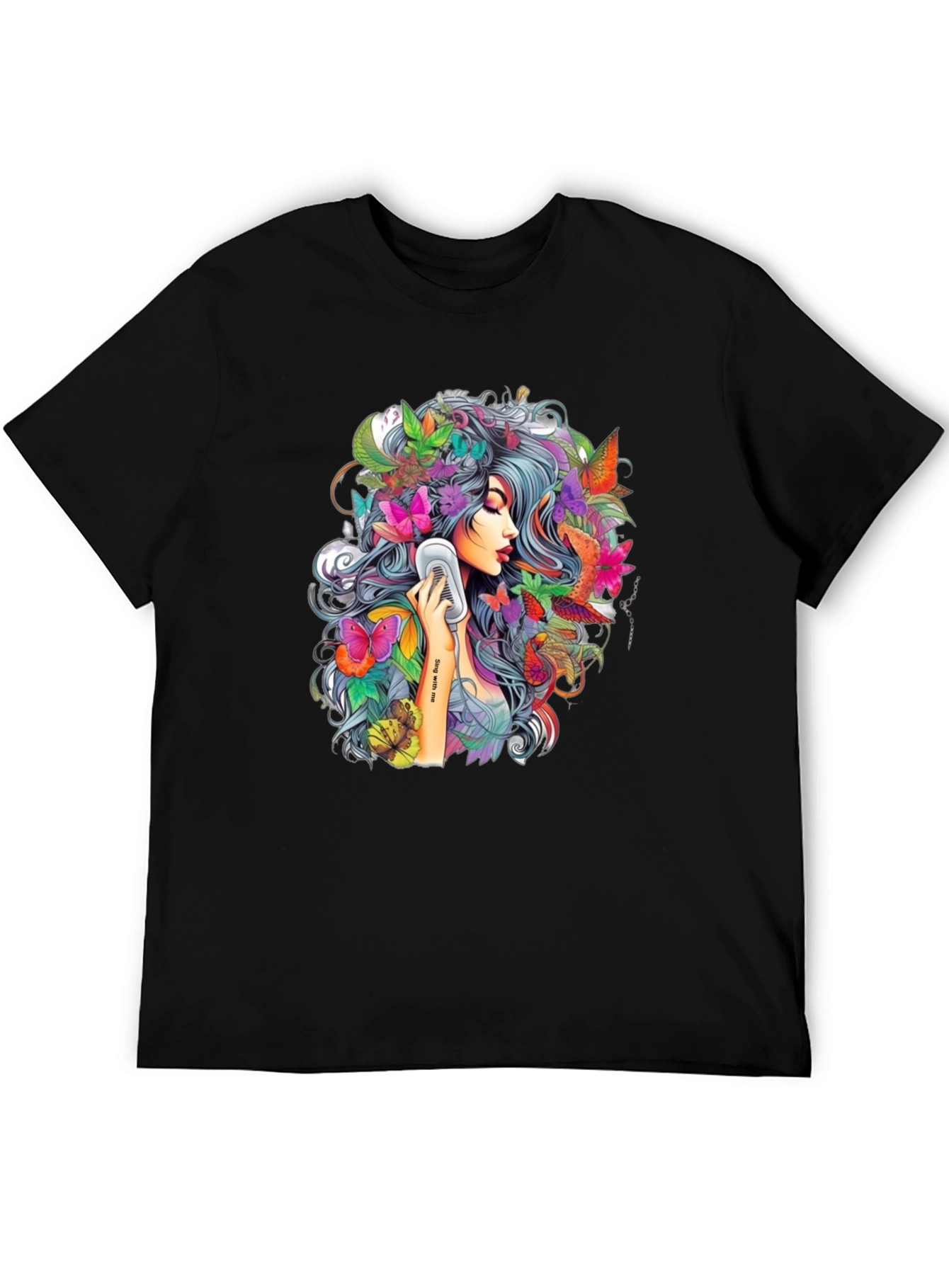 Floral Girl Graphic Print Black T-Shirt
