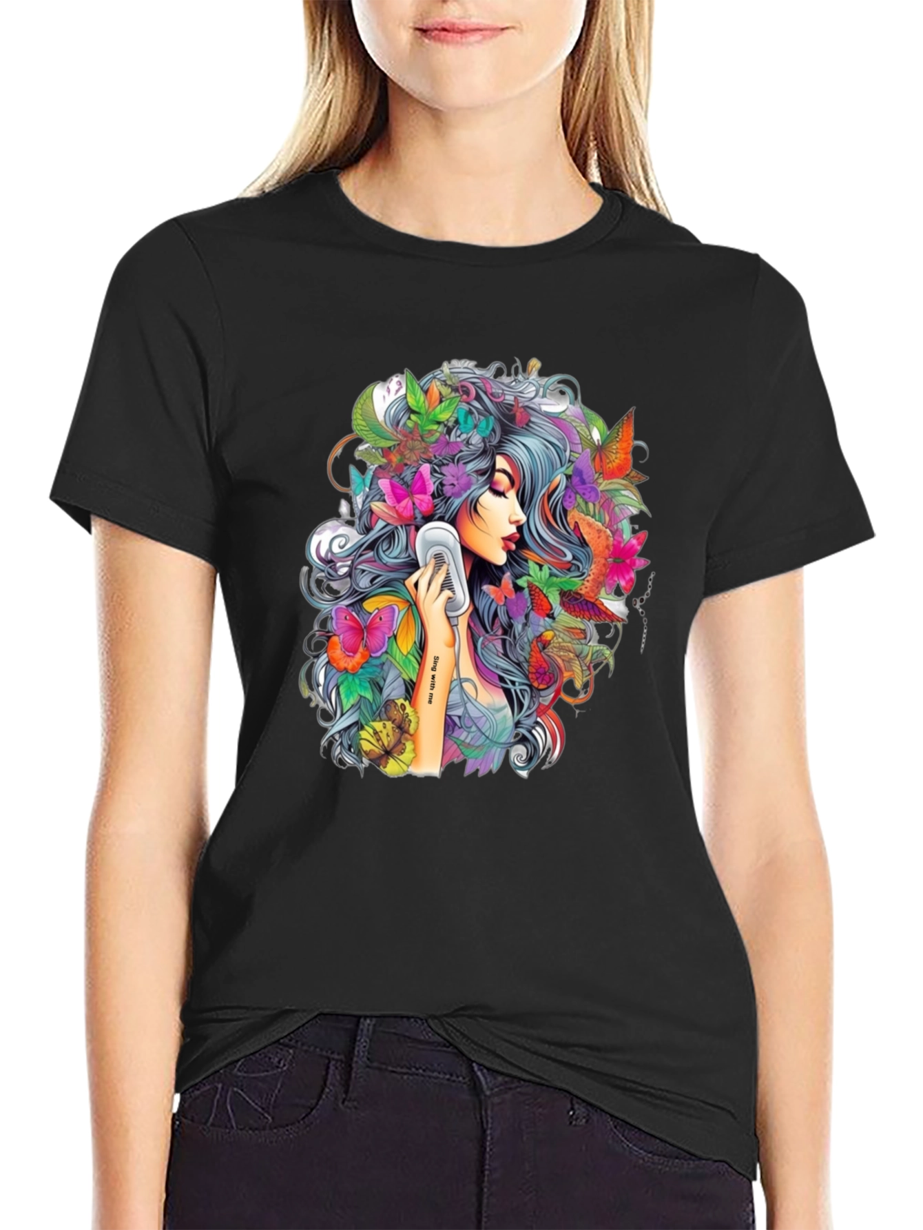 Floral Girl Graphic Print Black T-Shirt