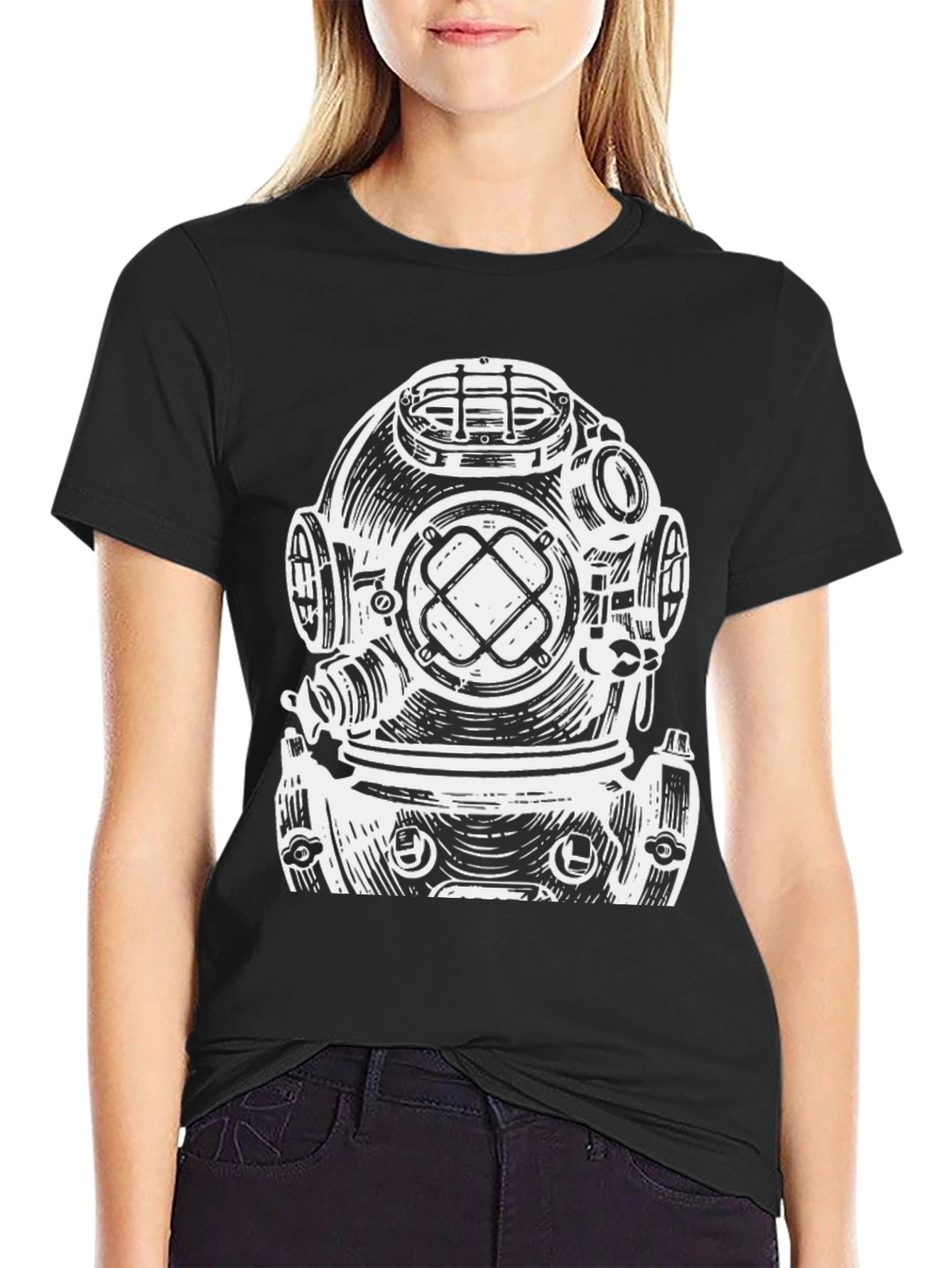 Diver Helmet Graphic Tee - Black Cotton T-Shirt