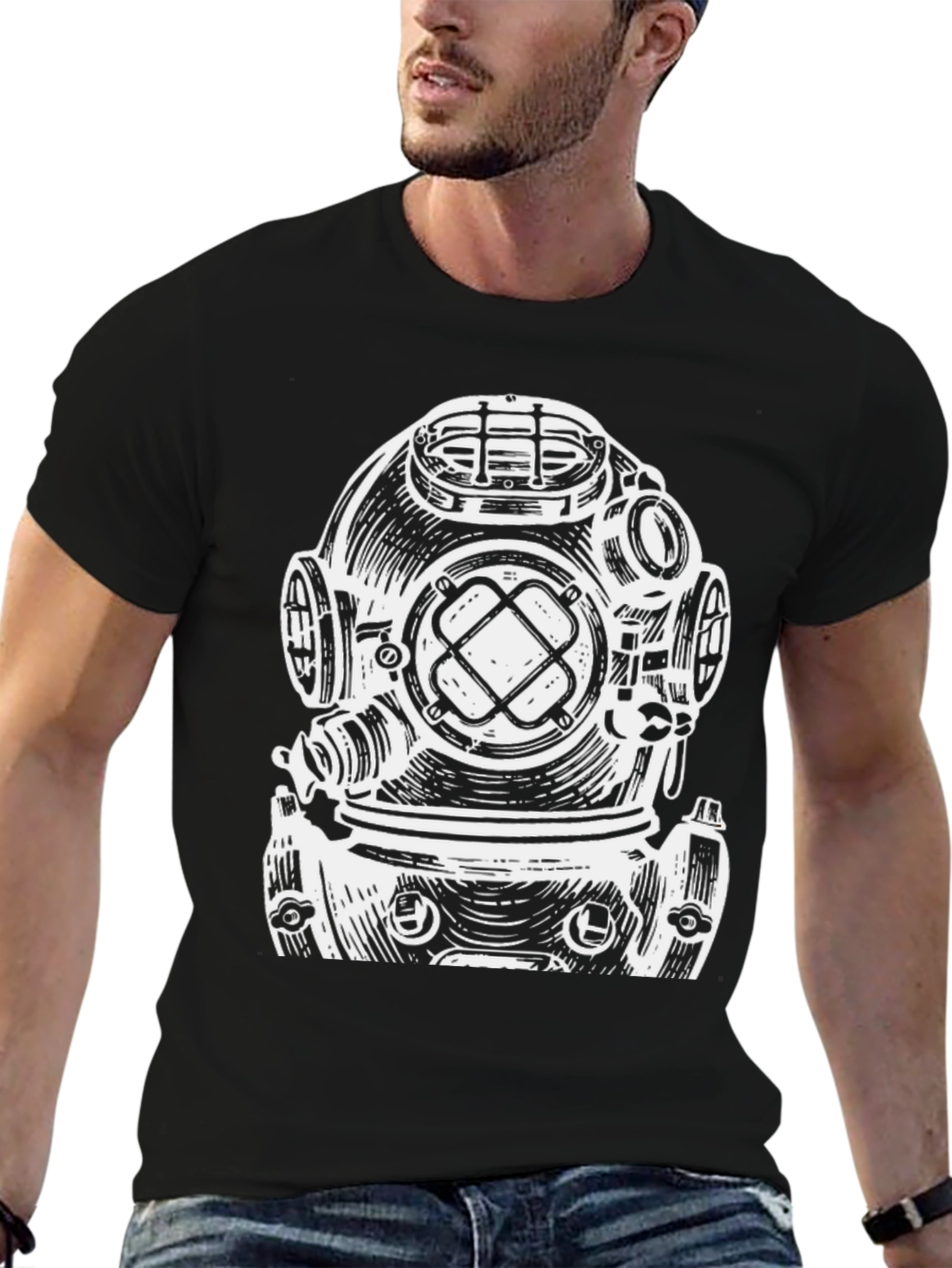 Diver Helmet Graphic Tee - Black Cotton T-Shirt
