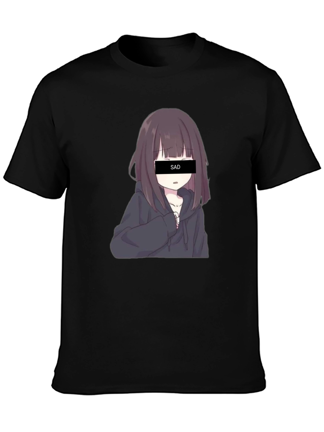 Anime Sad Girl Graphic Print Black T-Shirt