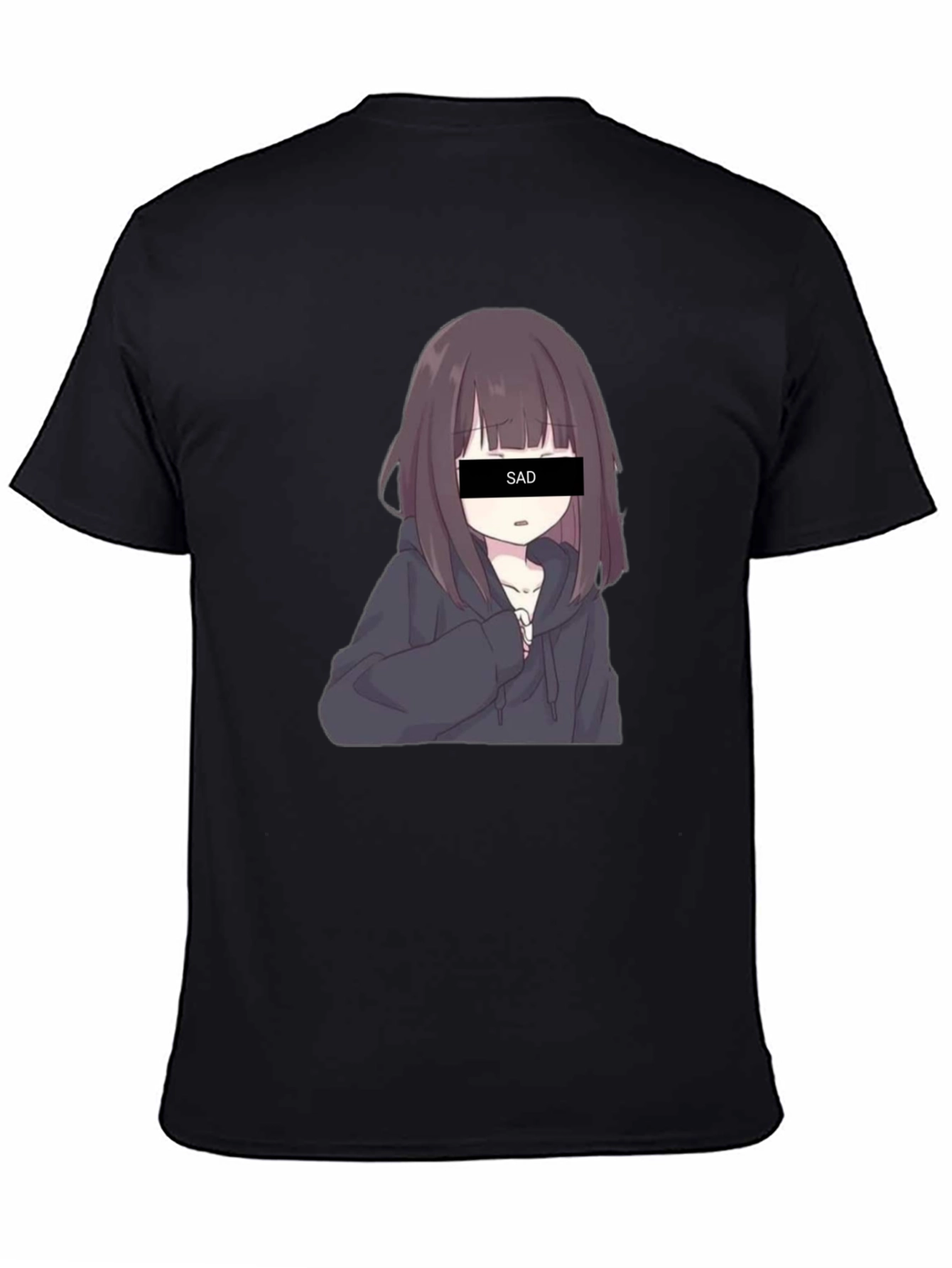 Anime Sad Girl Graphic Print Black T-Shirt