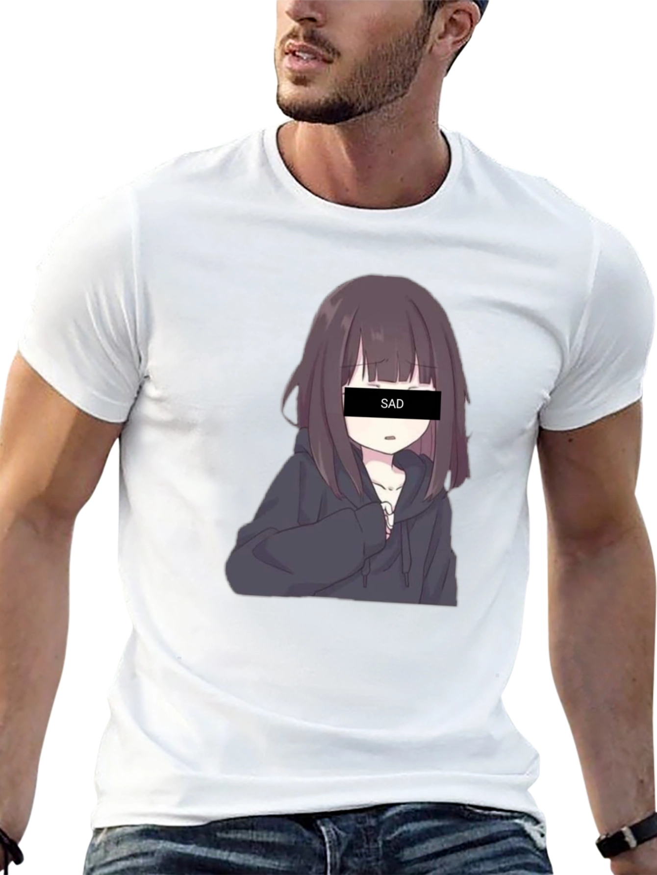 Anime Sad Girl Graphic Print Black T-Shirt