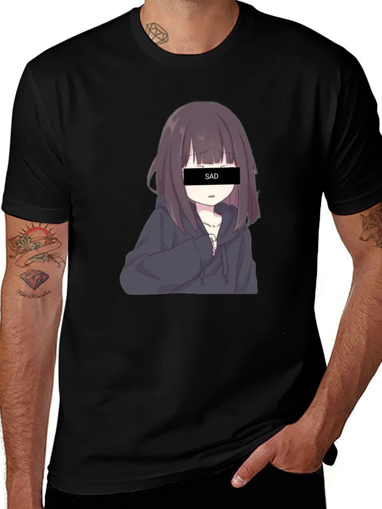 Anime Sad Girl Graphic Print Black T-Shirt