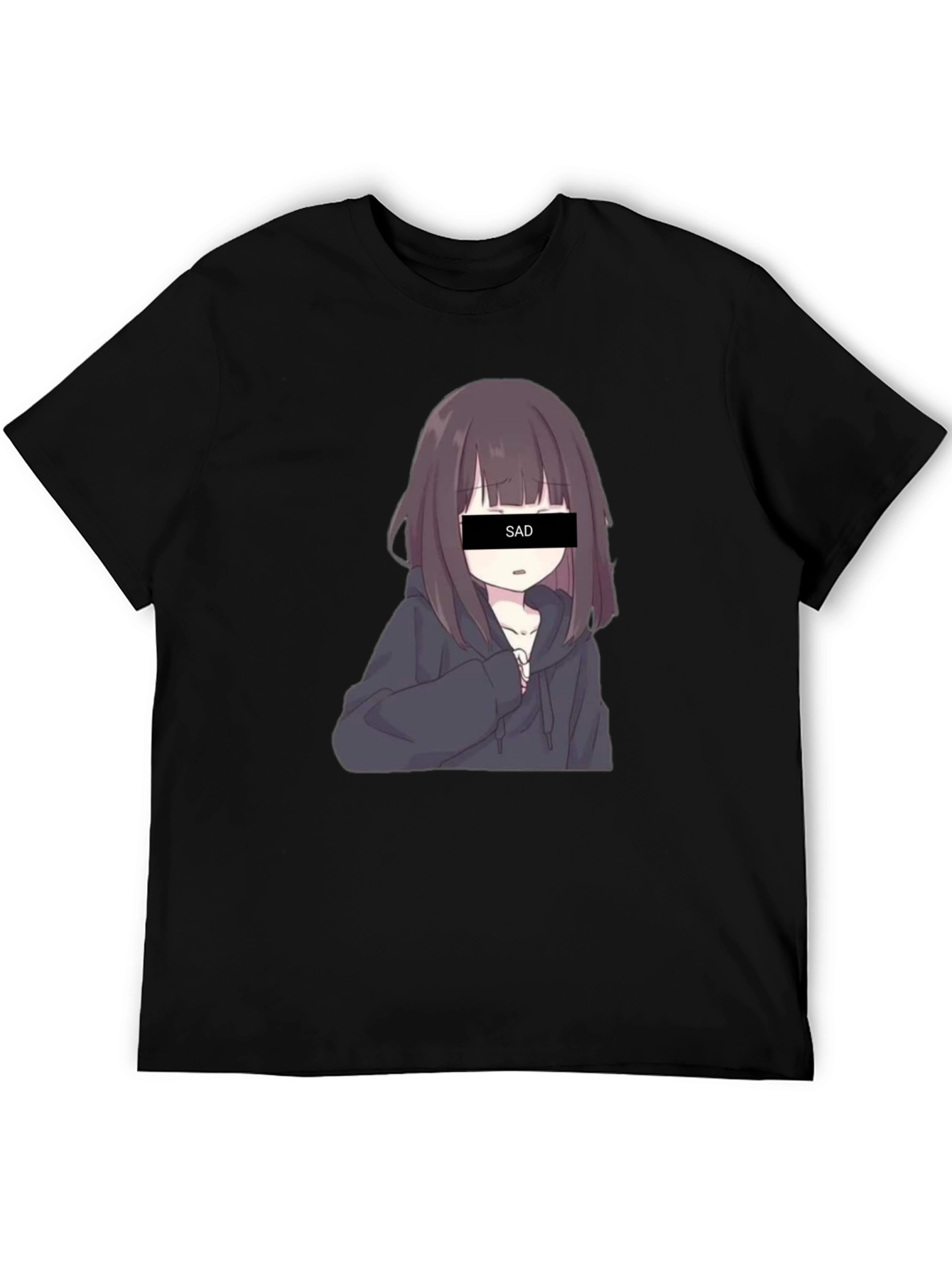 Anime Sad Girl Graphic Print Black T-Shirt