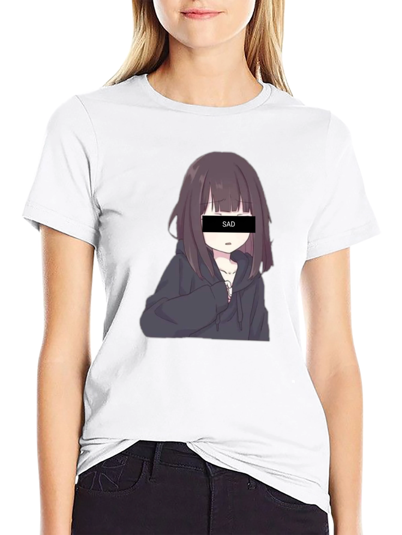Anime Sad Girl Graphic Print Black T-Shirt