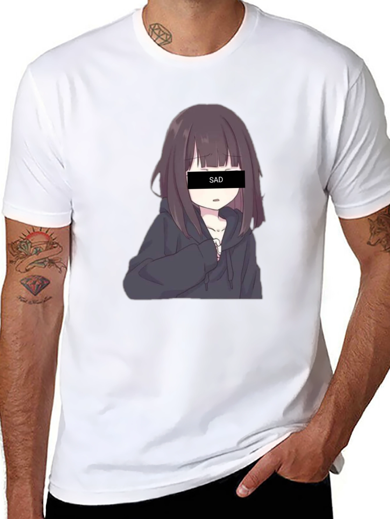 Anime Sad Girl Graphic Print Black T-Shirt