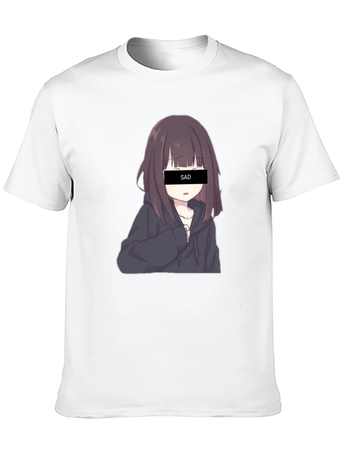 Anime Sad Girl Graphic Print Black T-Shirt