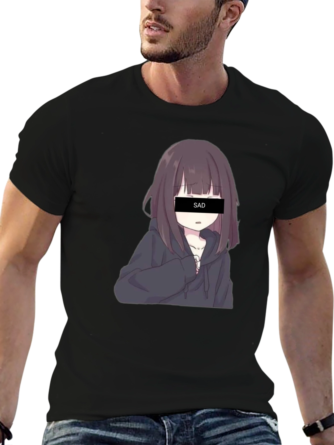 Anime Sad Girl Graphic Print Black T-Shirt