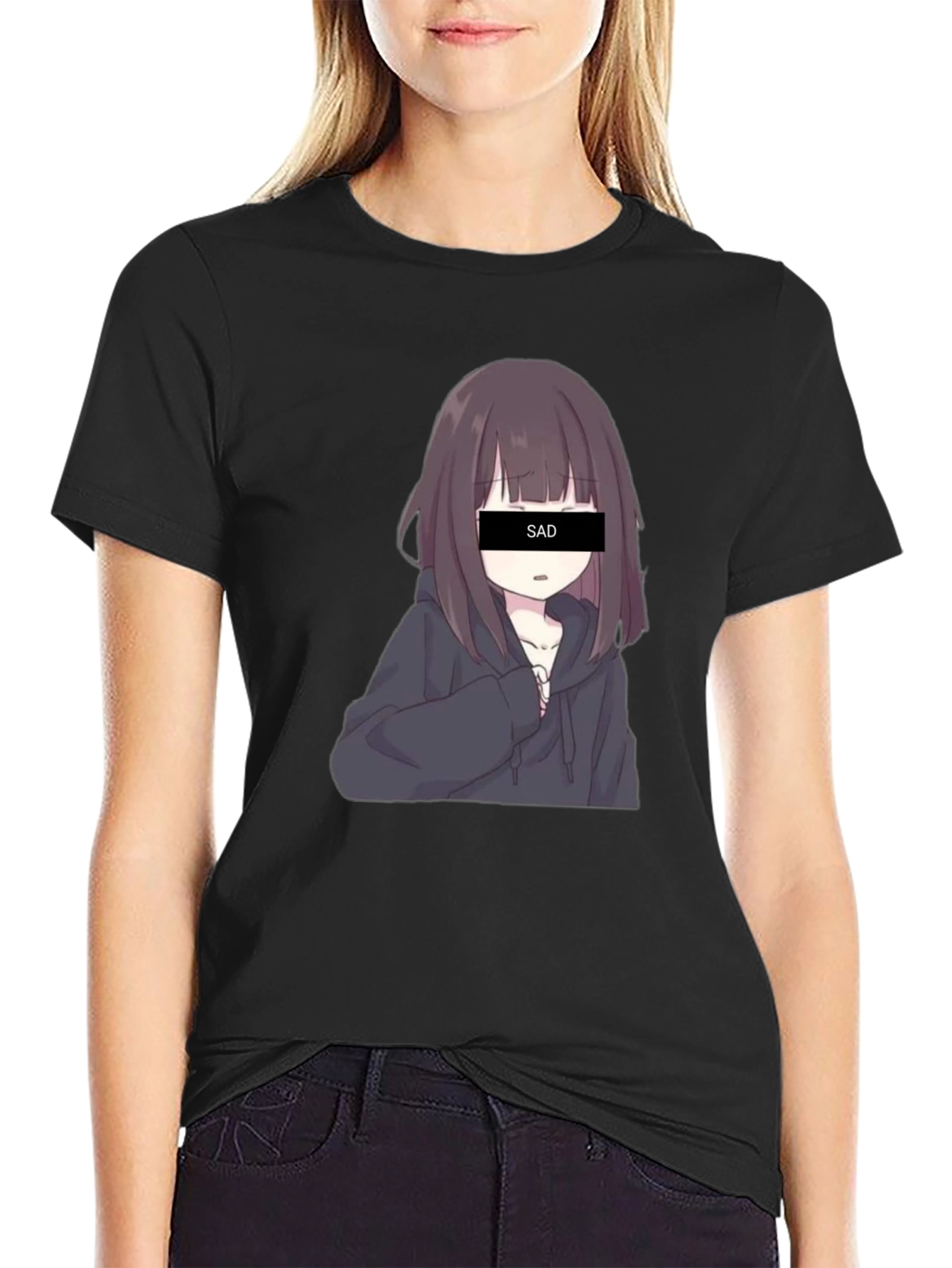 Anime Sad Girl Graphic Print Black T-Shirt