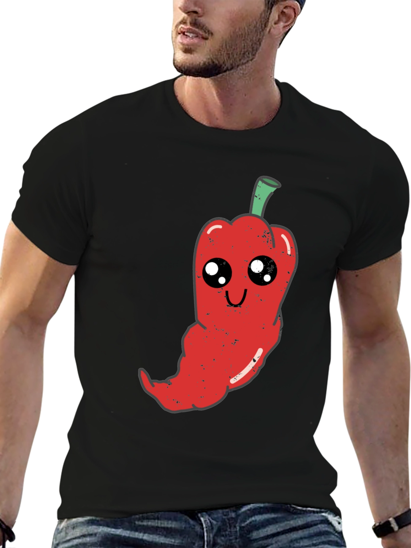 Kawaii Pepper Graphic Tee - Soft Black Cotton T-Shirt