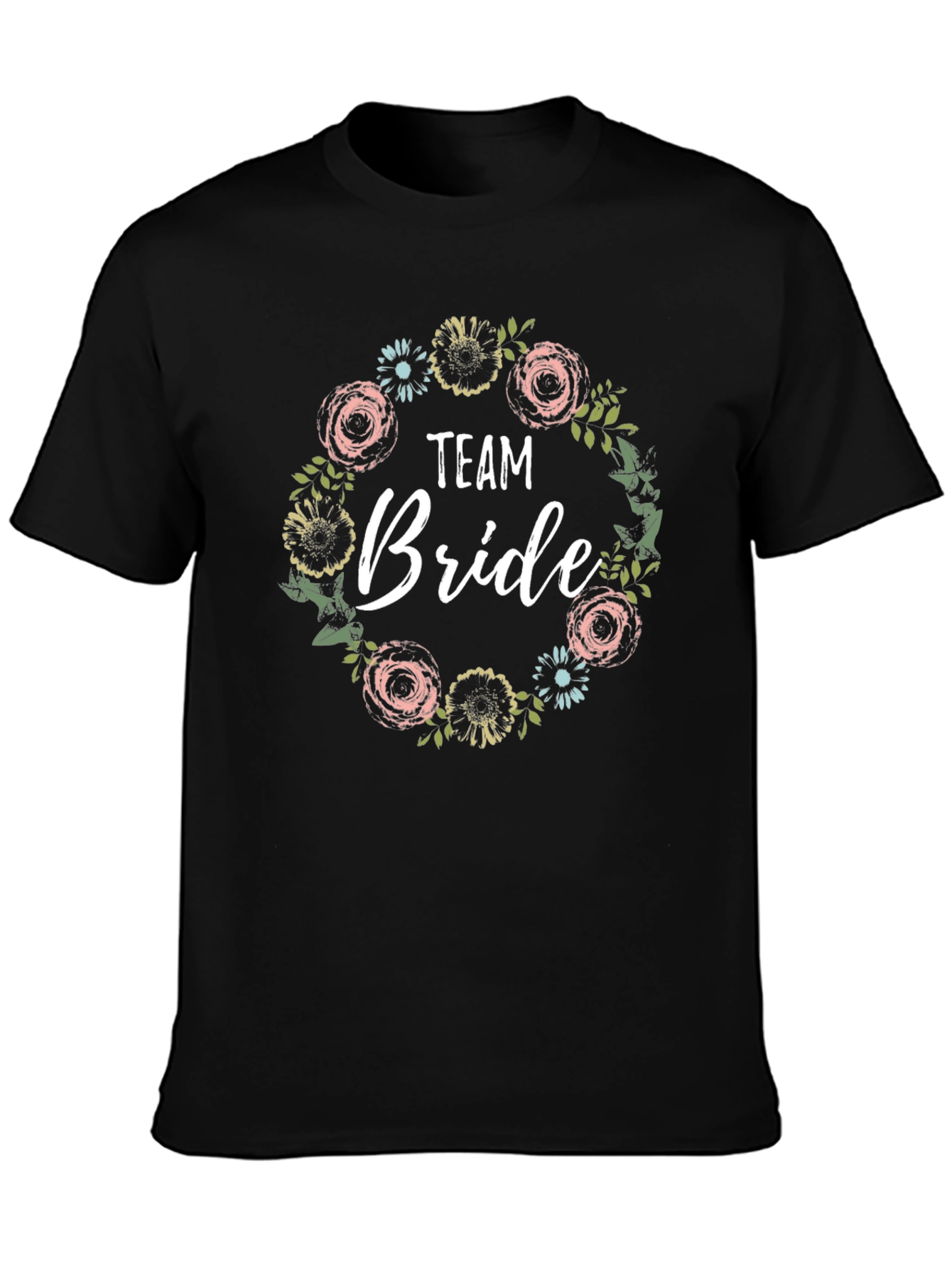 Team Bride Floral Wreath T-Shirt - Black