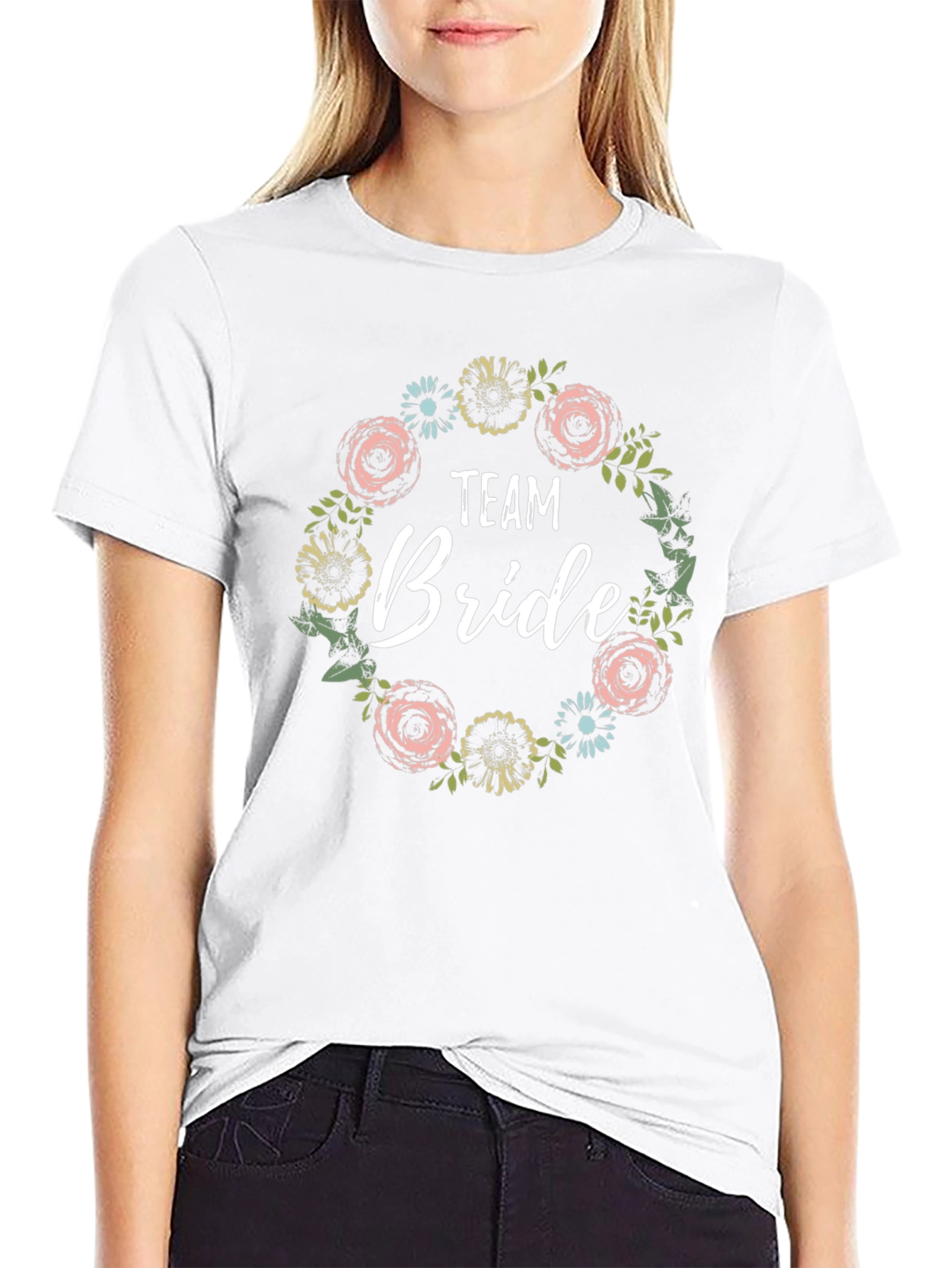 Team Bride Floral Wreath T-Shirt - Black
