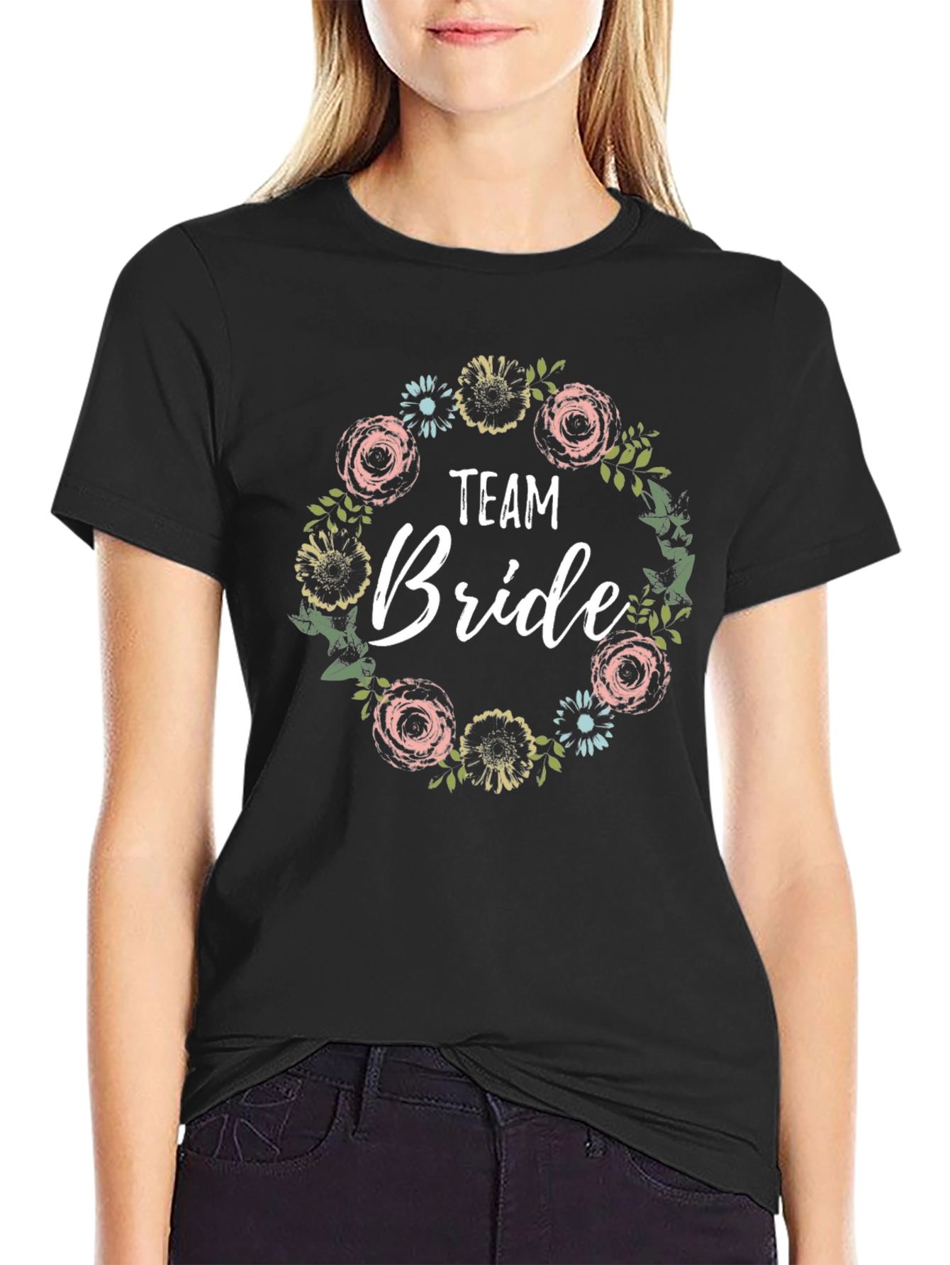 Team Bride Floral Wreath T-Shirt - Black