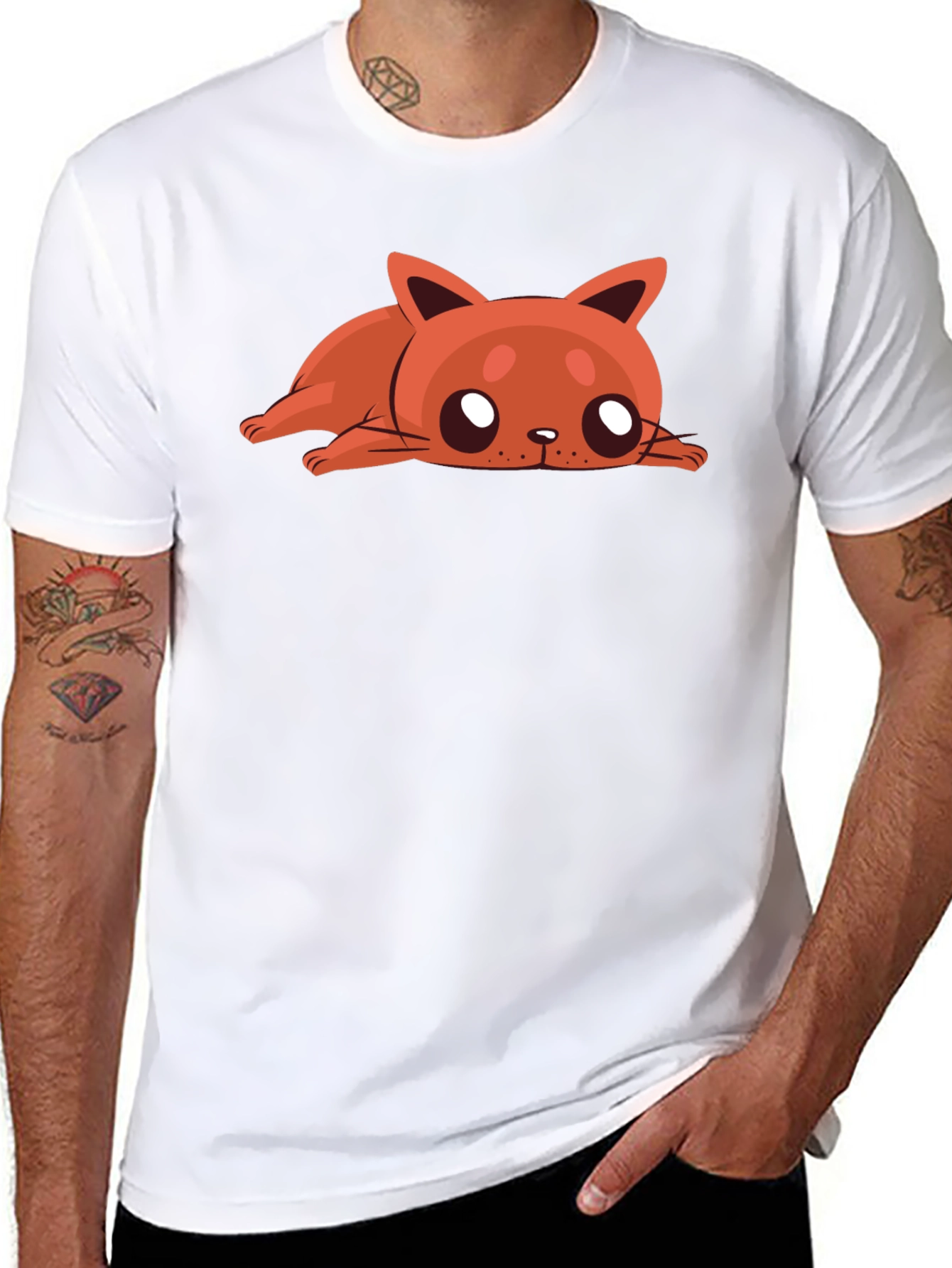 Cartoon Cat Graphic Tee - Relaxed Fit Black T-Shirt