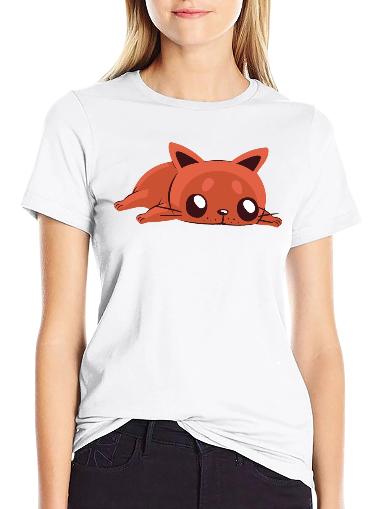 Cartoon Cat Graphic Tee - Relaxed Fit Black T-Shirt