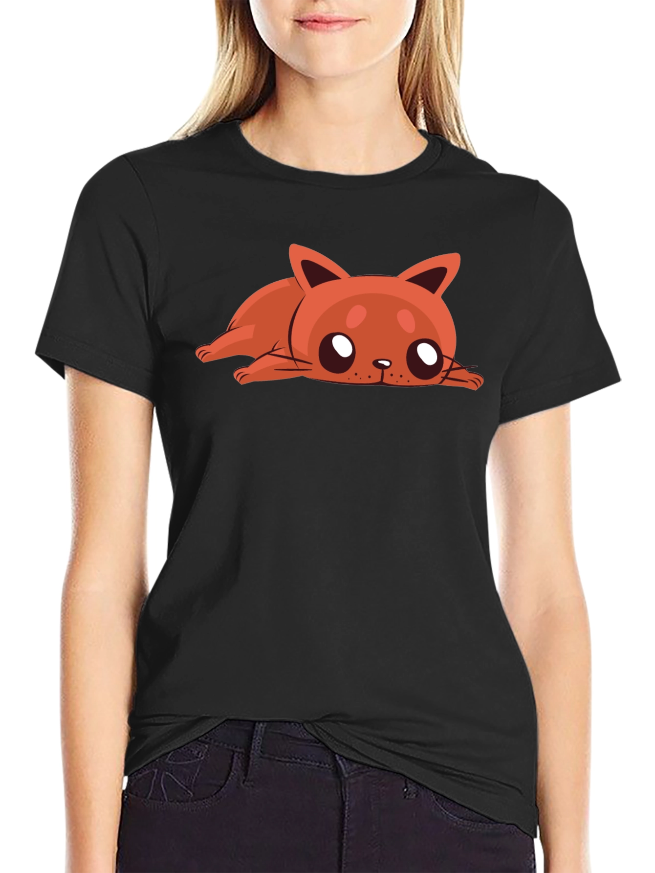 Cartoon Cat Graphic Tee - Relaxed Fit Black T-Shirt
