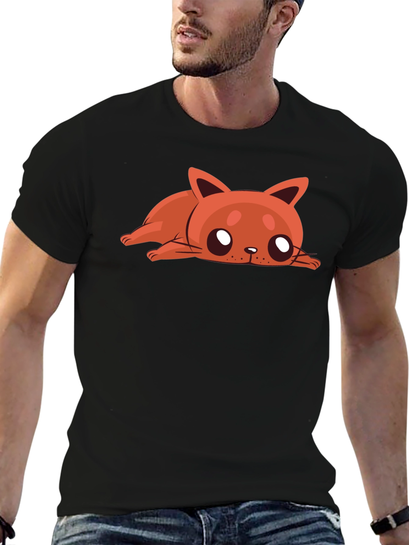 Cartoon Cat Graphic Tee - Relaxed Fit Black T-Shirt