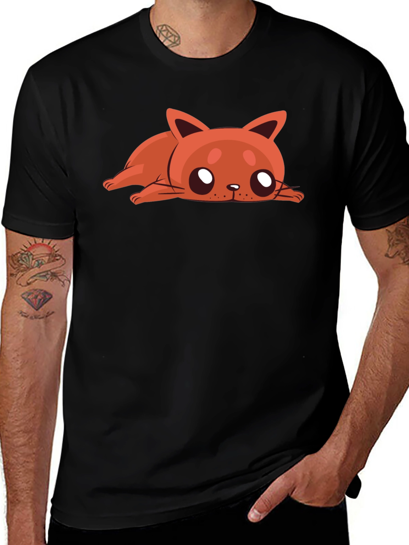 Cartoon Cat Graphic Tee - Relaxed Fit Black T-Shirt
