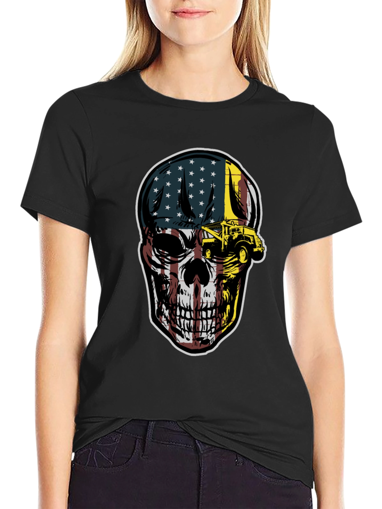 American Flag Skull Tow Truck T-Shirt