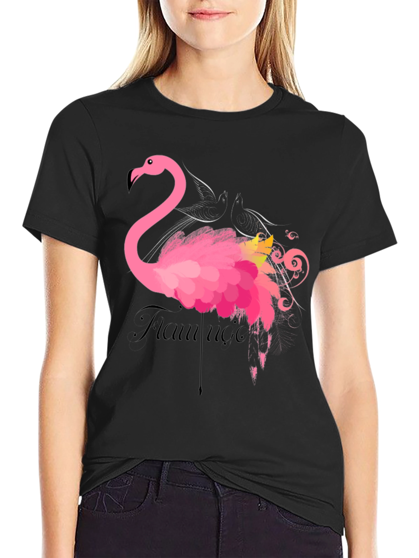 Flamingo Graphic Print Black T-Shirt