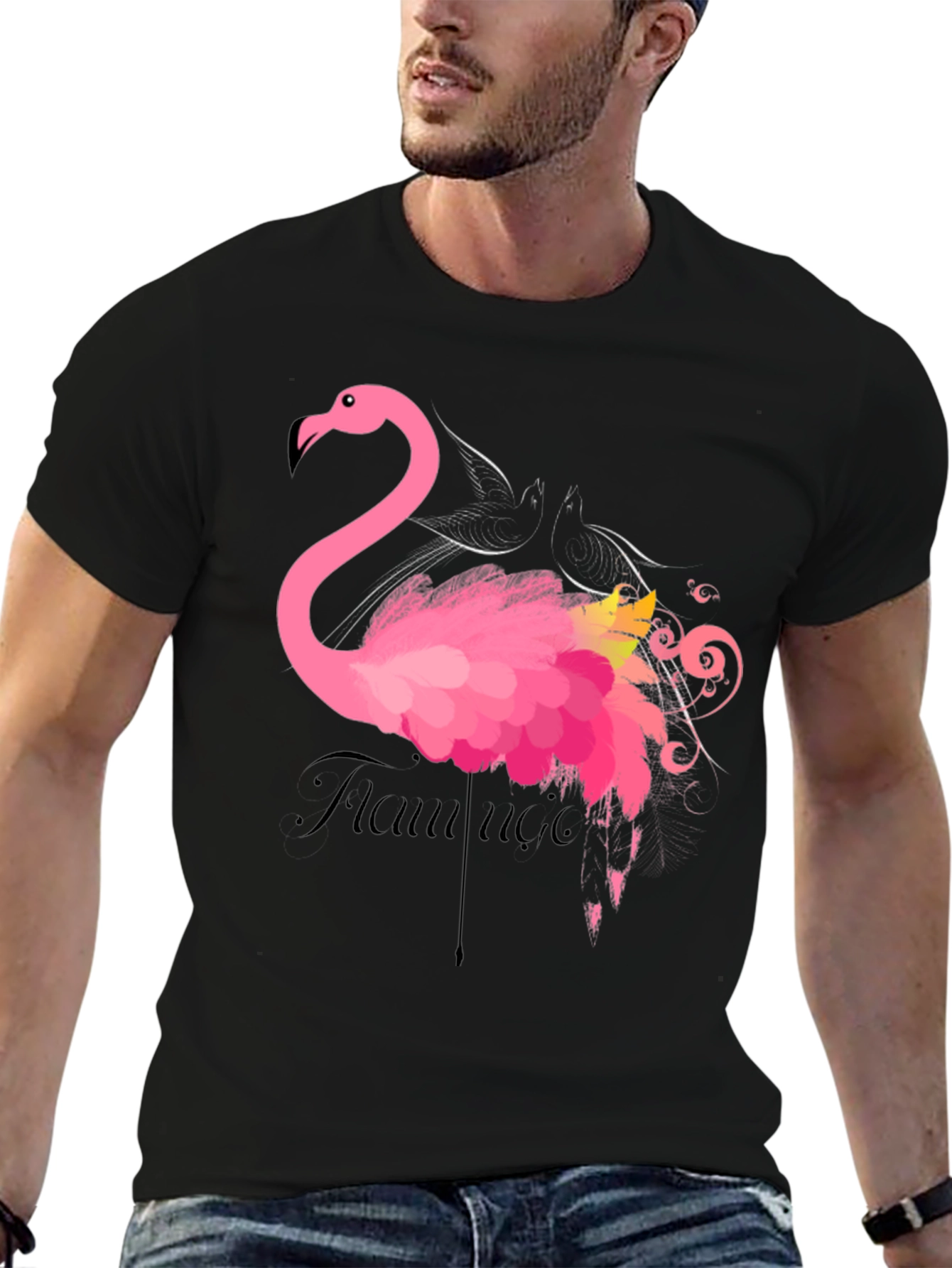 Flamingo Graphic Print Black T-Shirt