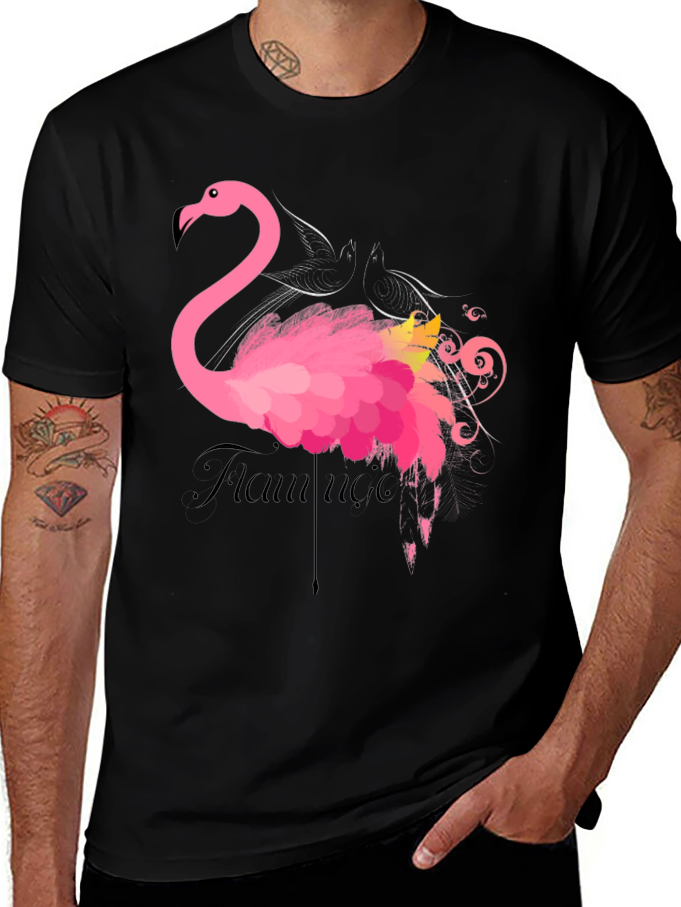 Flamingo Graphic Print Black T-Shirt