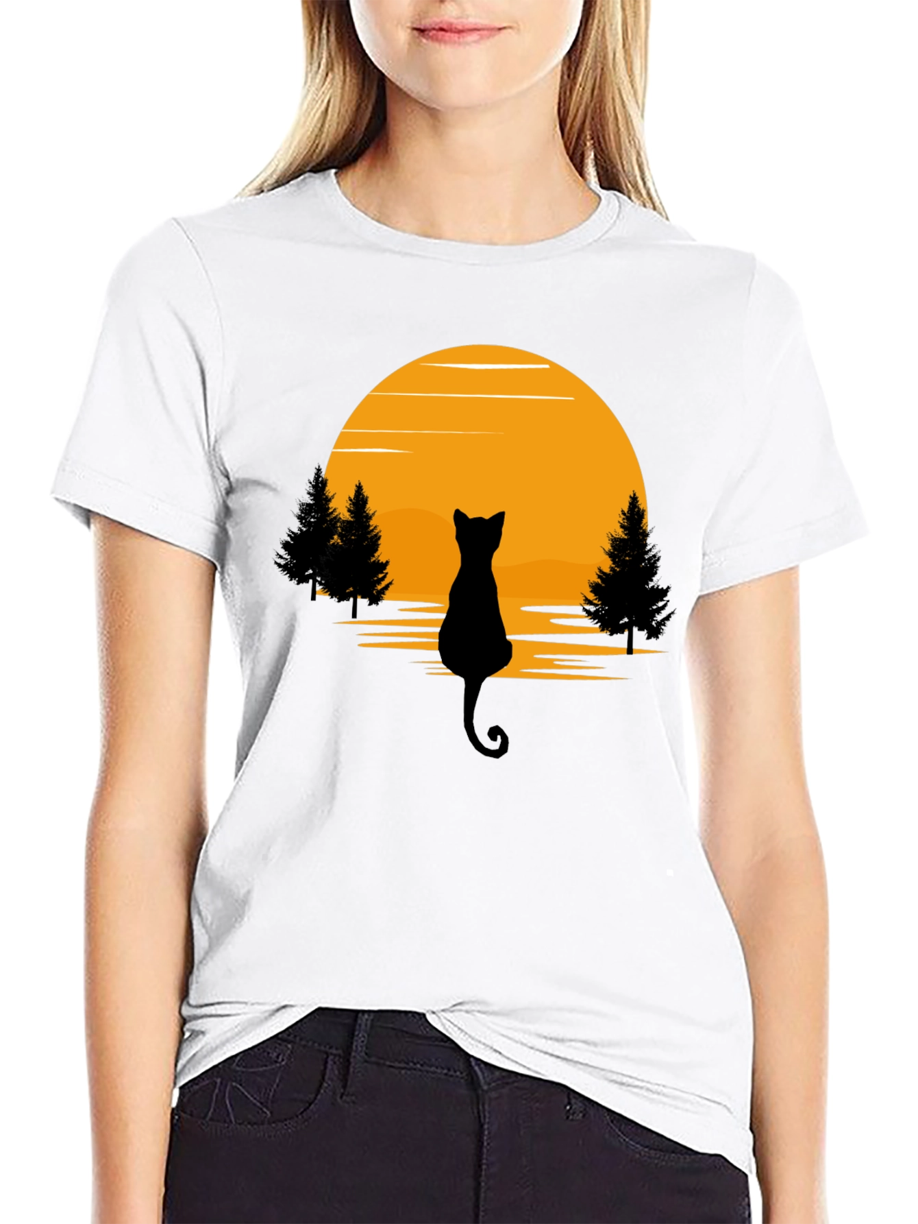 Black Cat Sunset Silhouette T-Shirt