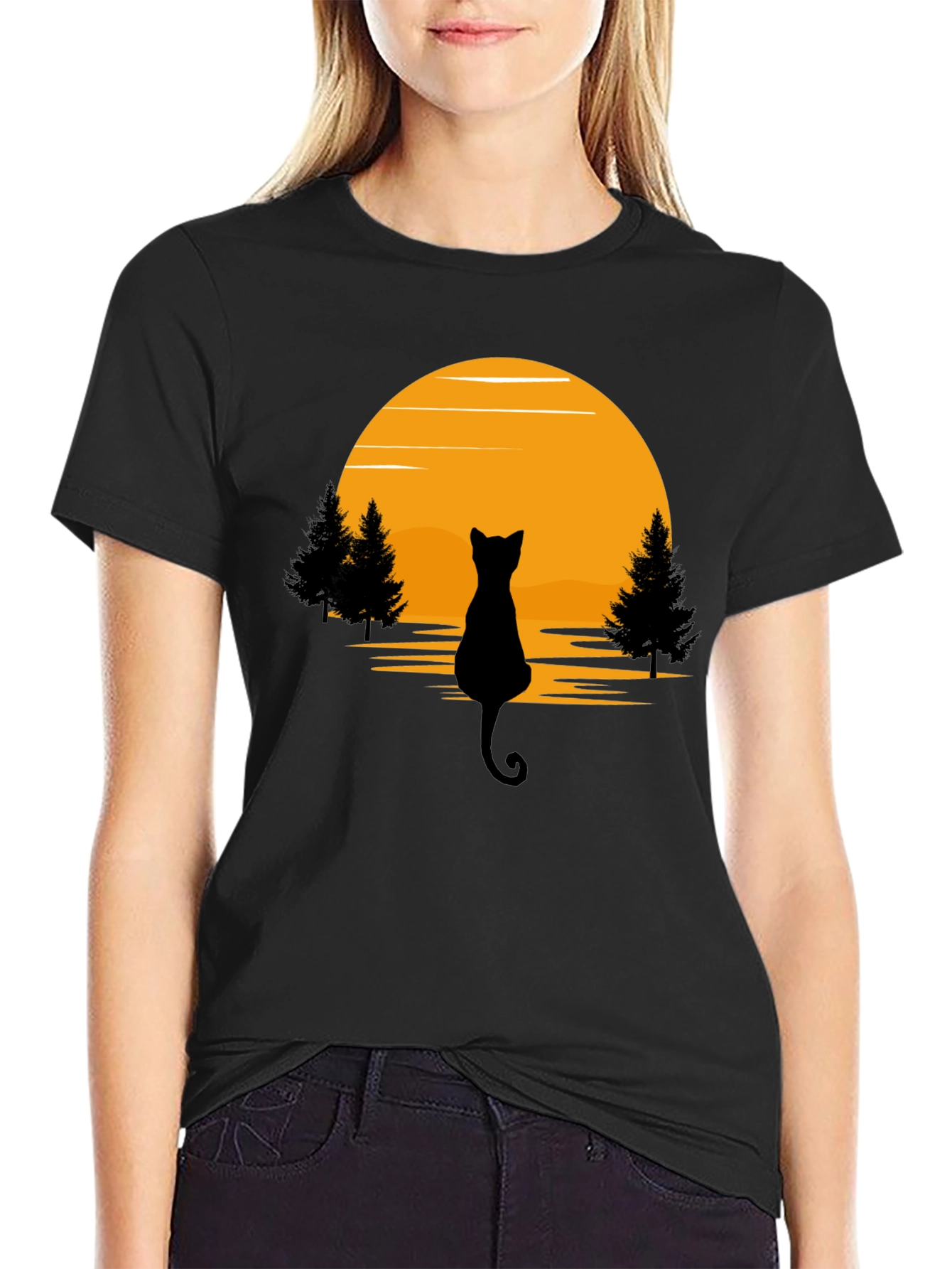 Black Cat Sunset Silhouette T-Shirt