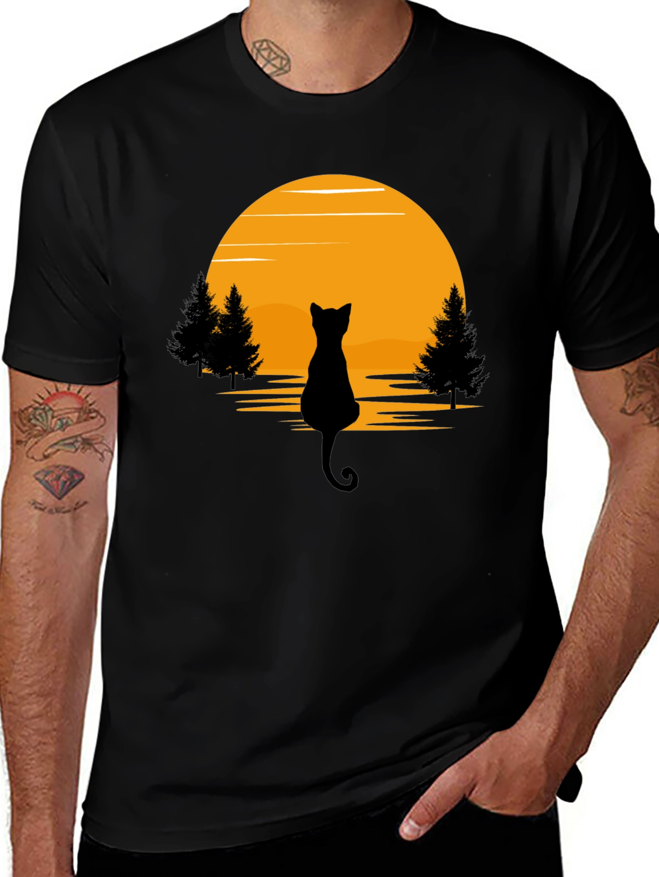 Black Cat Sunset Silhouette T-Shirt