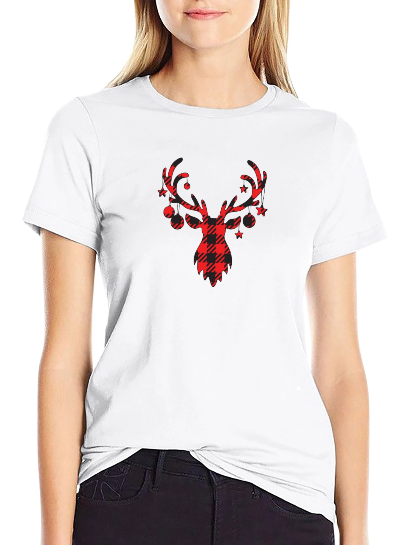 Plaid Reindeer Graphic T-Shirt - Holiday Style