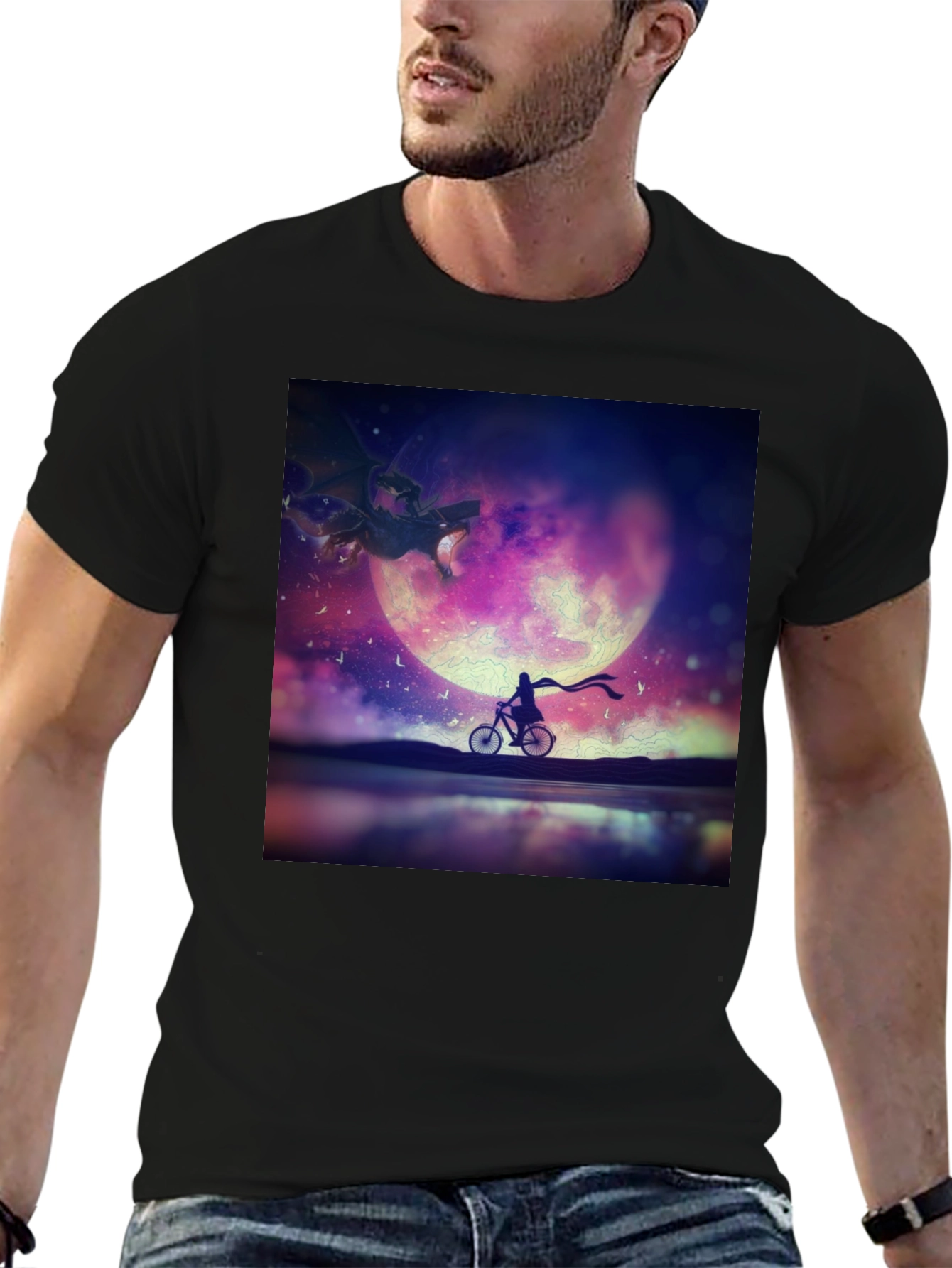 Fantasy Dragon Moon Rider Black T-Shirt