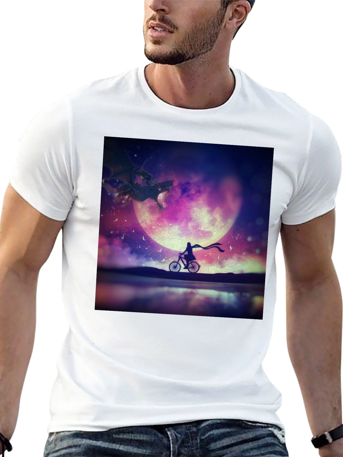 Fantasy Dragon Moon Rider Black T-Shirt