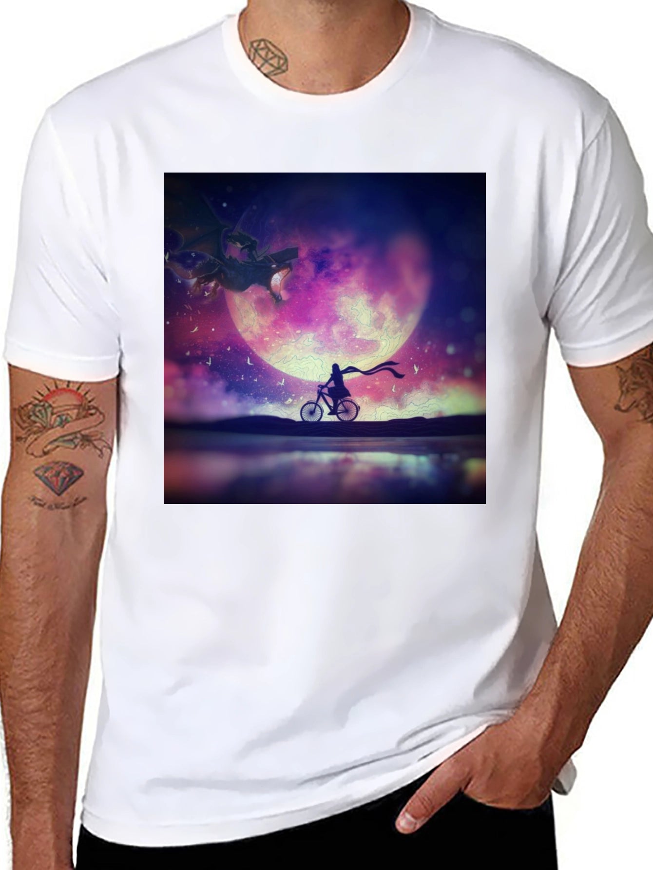 Fantasy Dragon Moon Rider Black T-Shirt