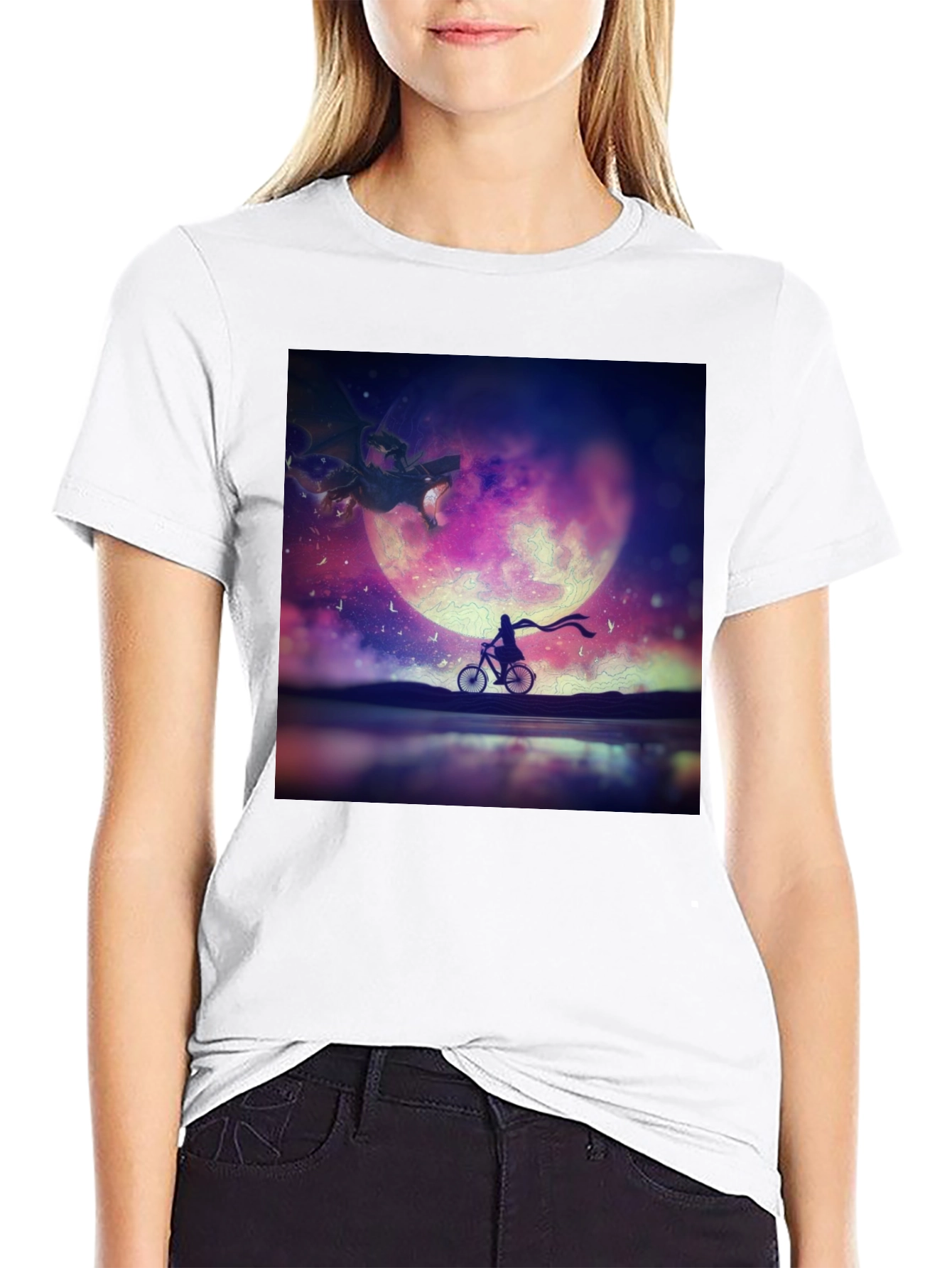 Fantasy Dragon Moon Rider Black T-Shirt