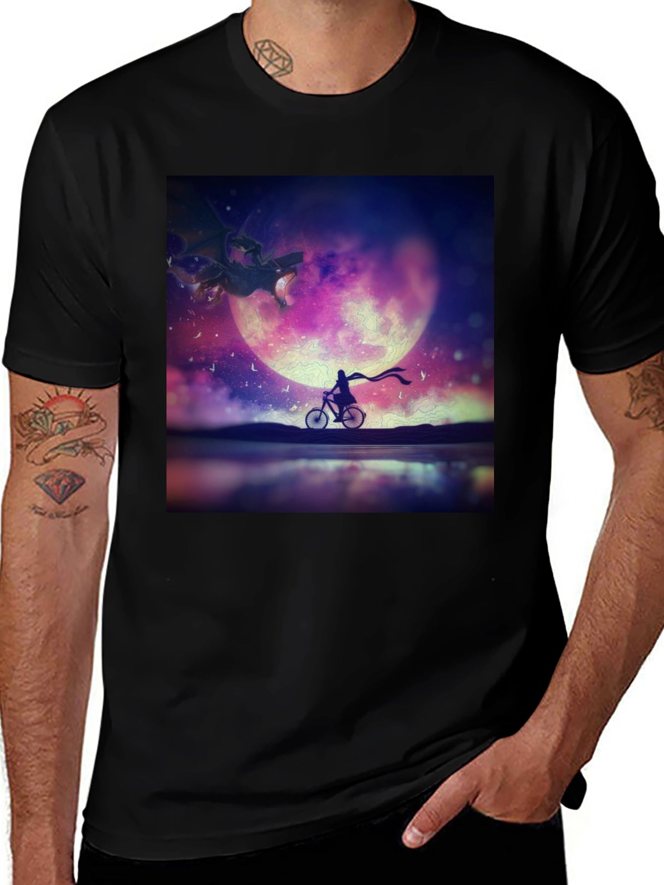 Fantasy Dragon Moon Rider Black T-Shirt