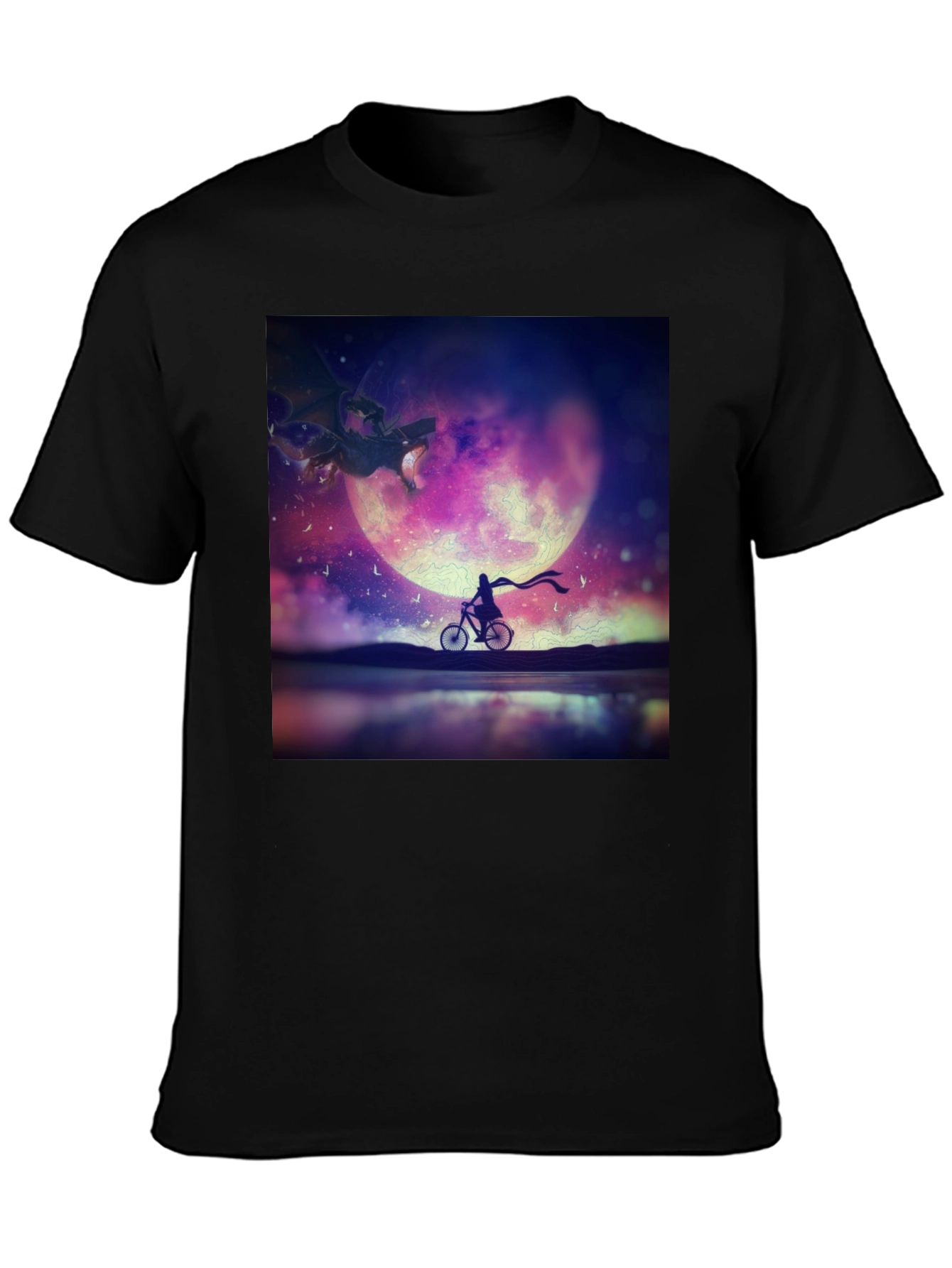 Fantasy Dragon Moon Rider Black T-Shirt
