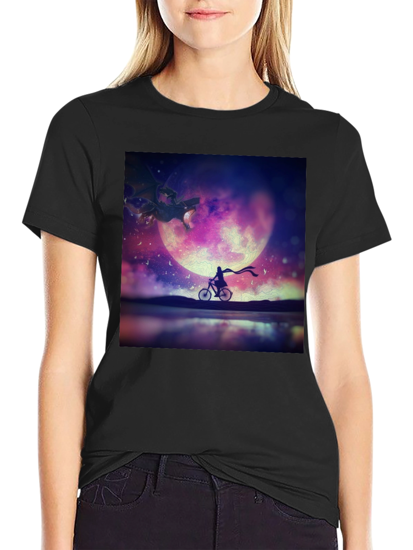 Fantasy Dragon Moon Rider Black T-Shirt