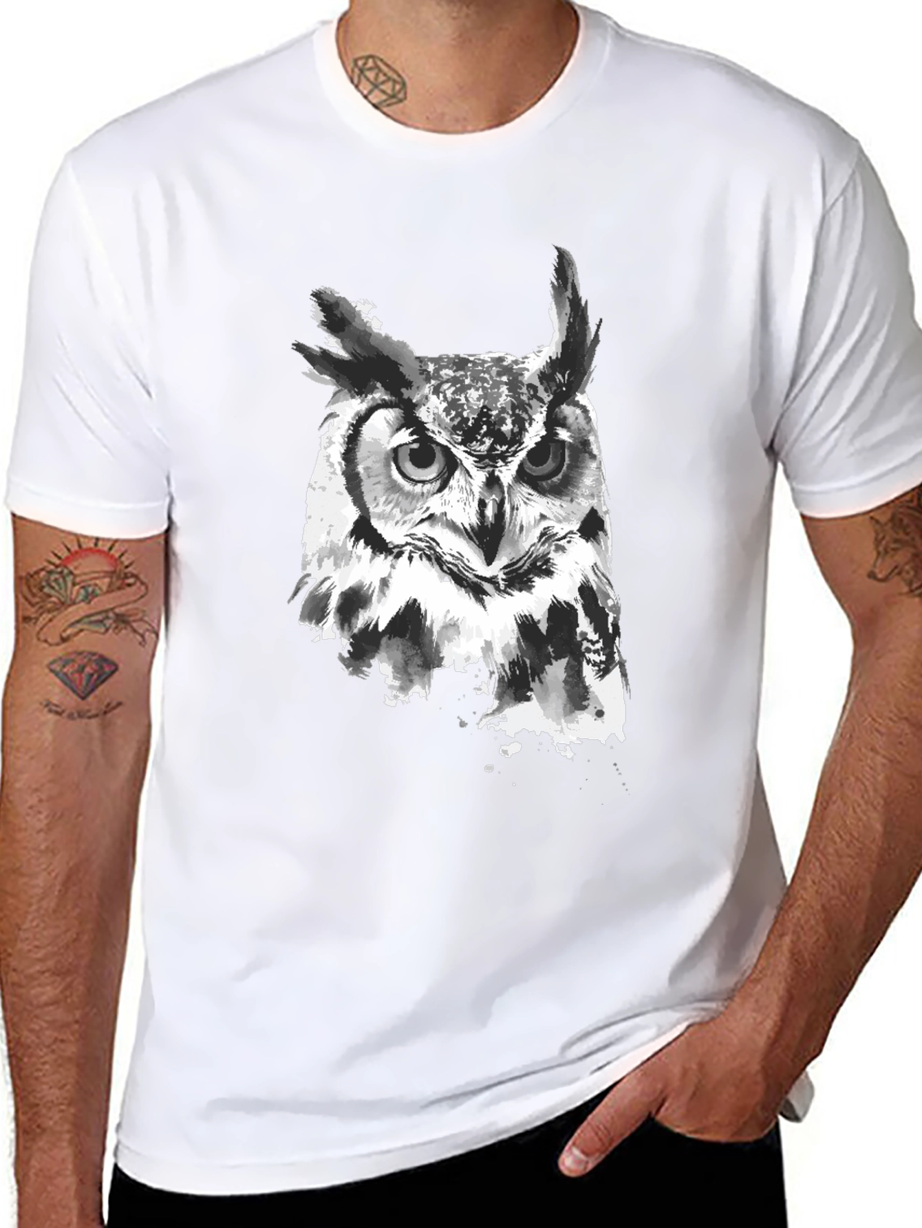 Mens Black Owl Graphic Print T-Shirt