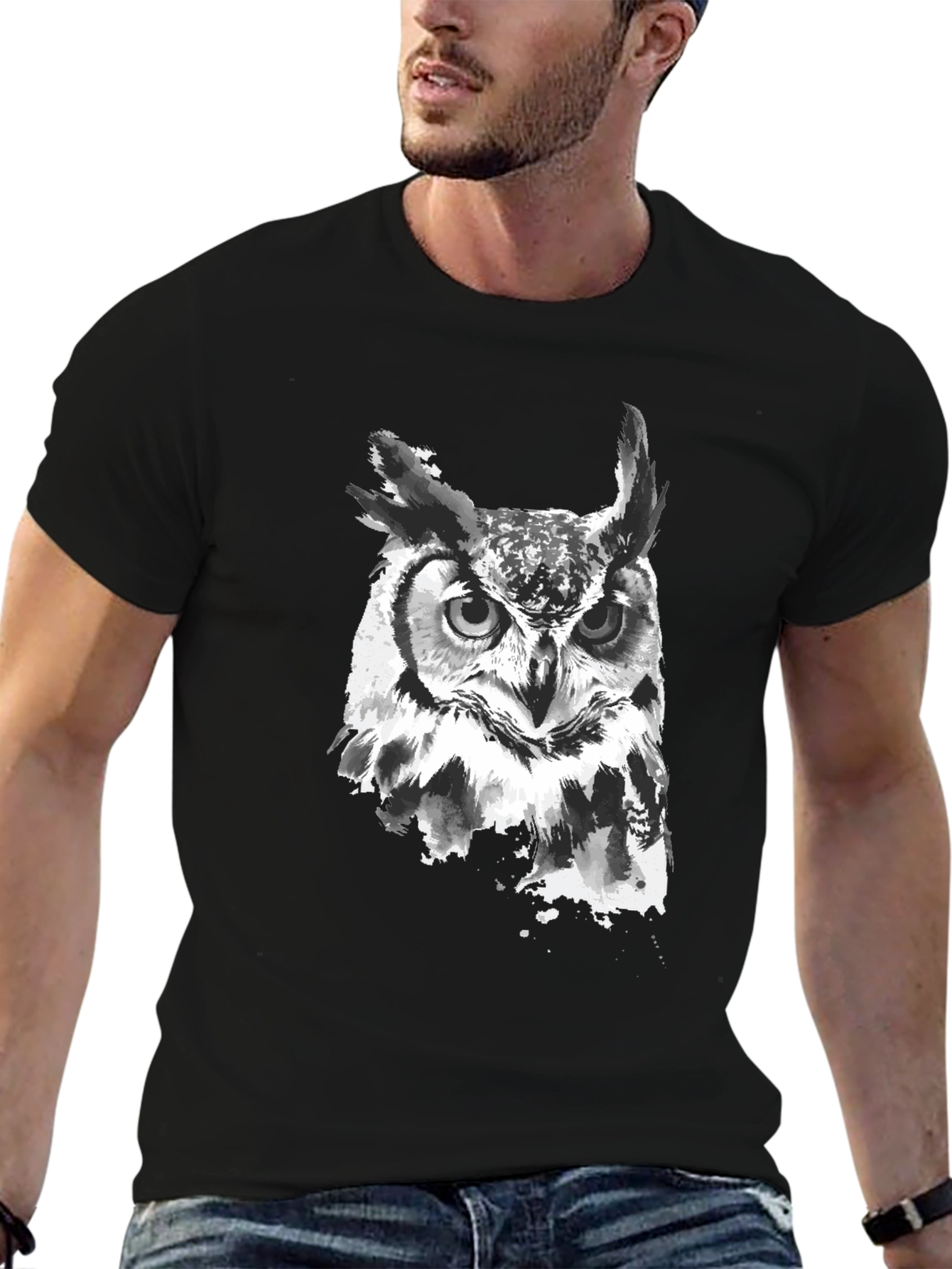Mens Black Owl Graphic Print T-Shirt
