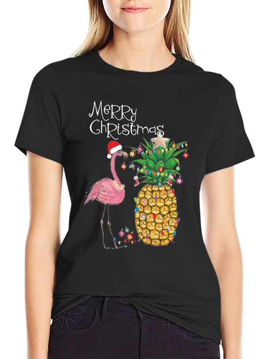 Merry Christmas Flamingo Pineapple Black T-Shirt