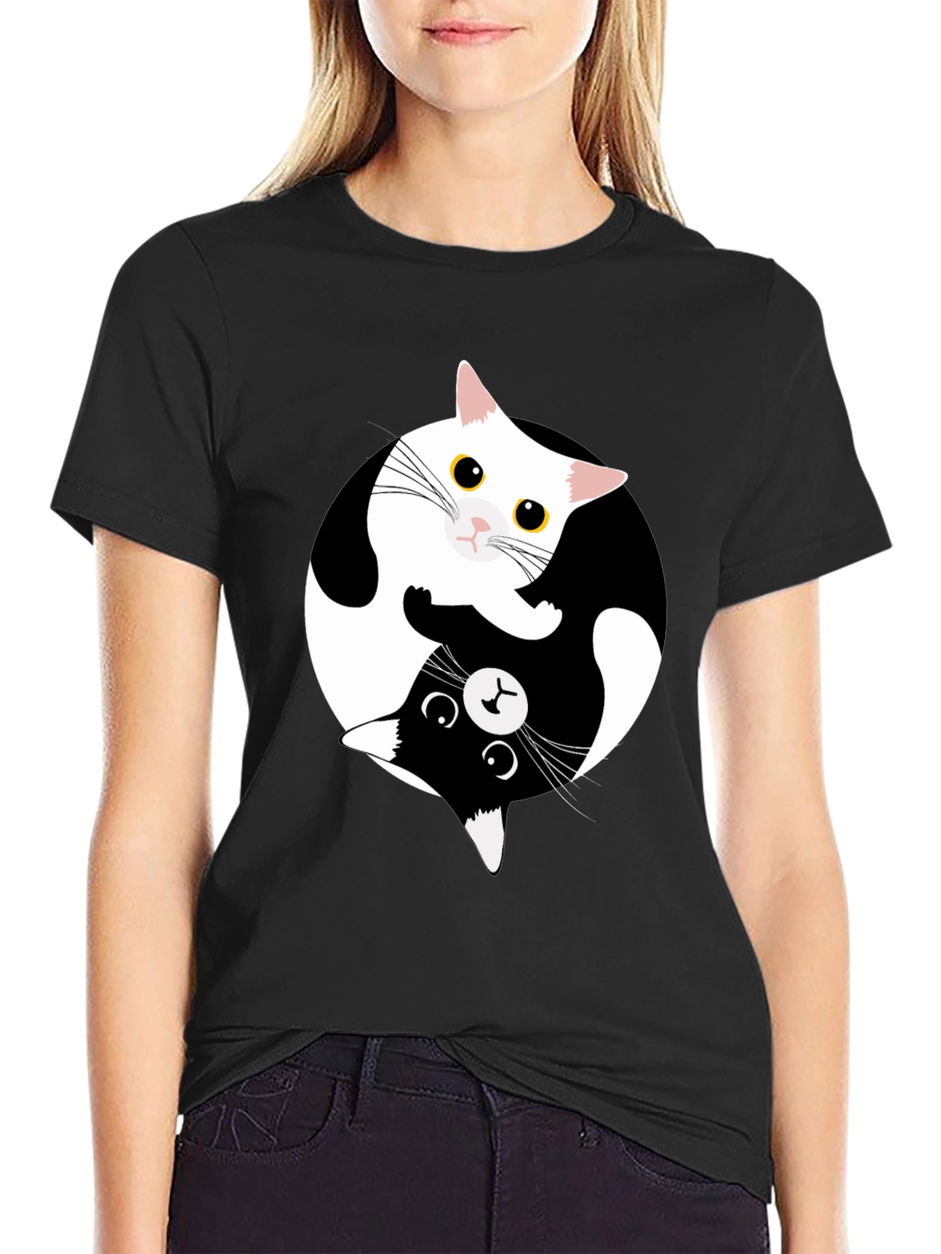 Yin Yang Cat Graphic Tee - Black