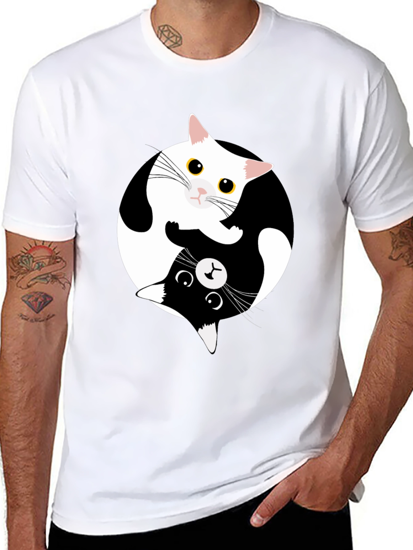 Yin Yang Cat Graphic Tee - Black