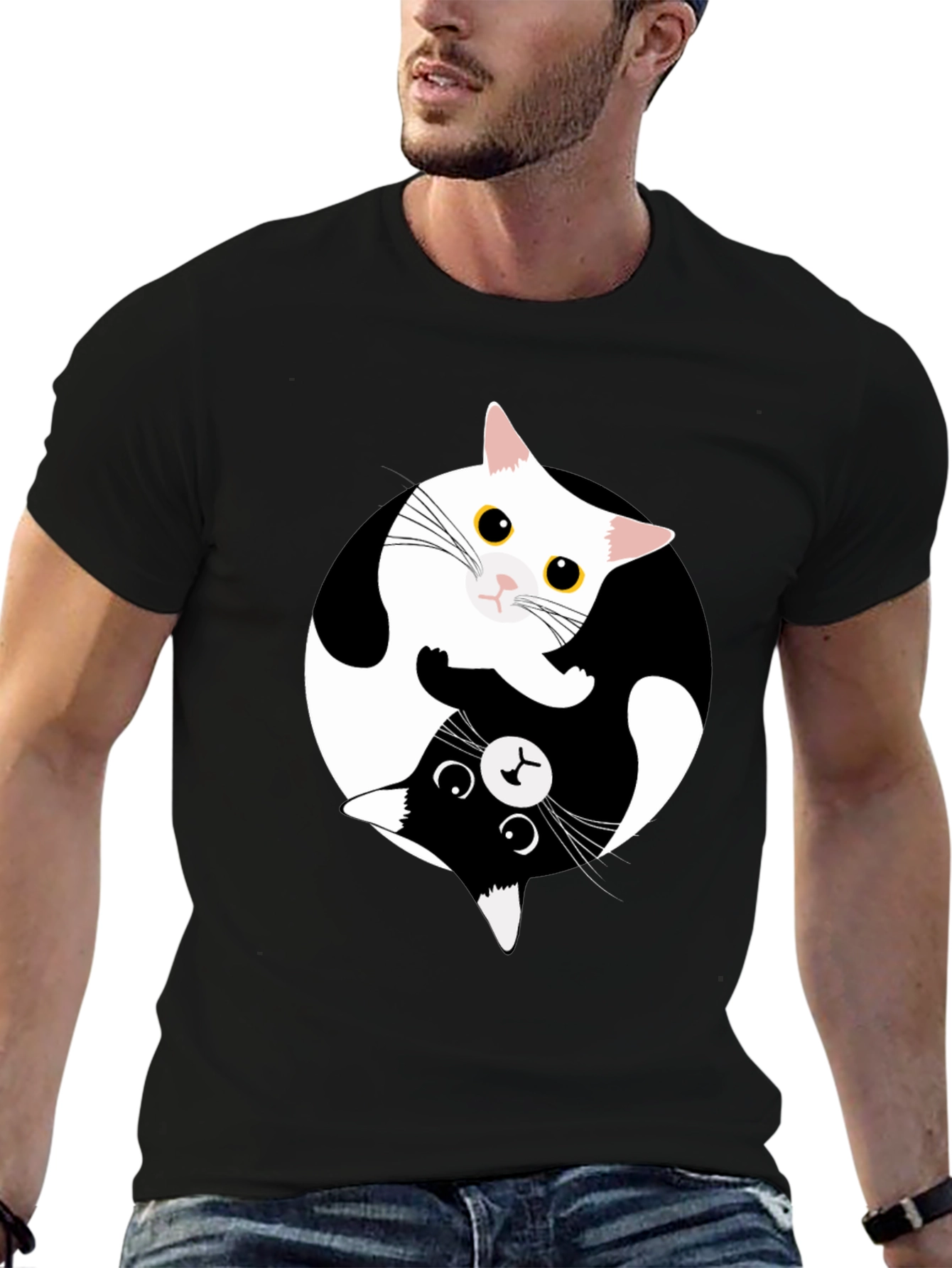 Yin Yang Cat Graphic Tee - Black