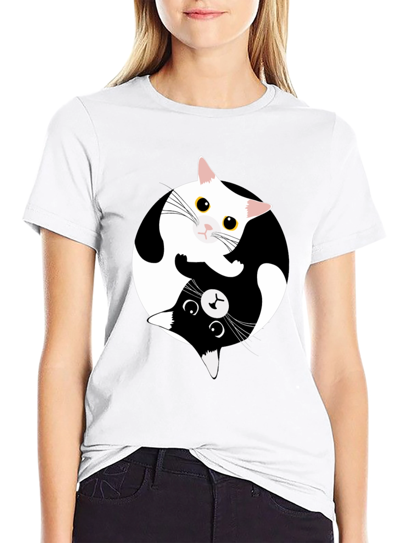 Yin Yang Cat Graphic Tee - Black