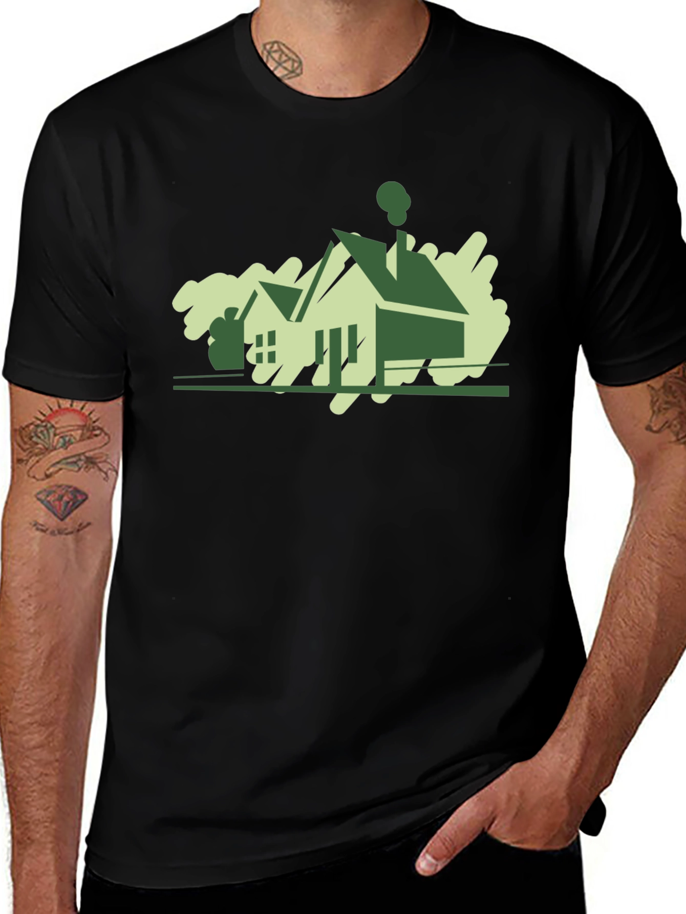 Modern House Graphic Tee - Black Cotton T-Shirt