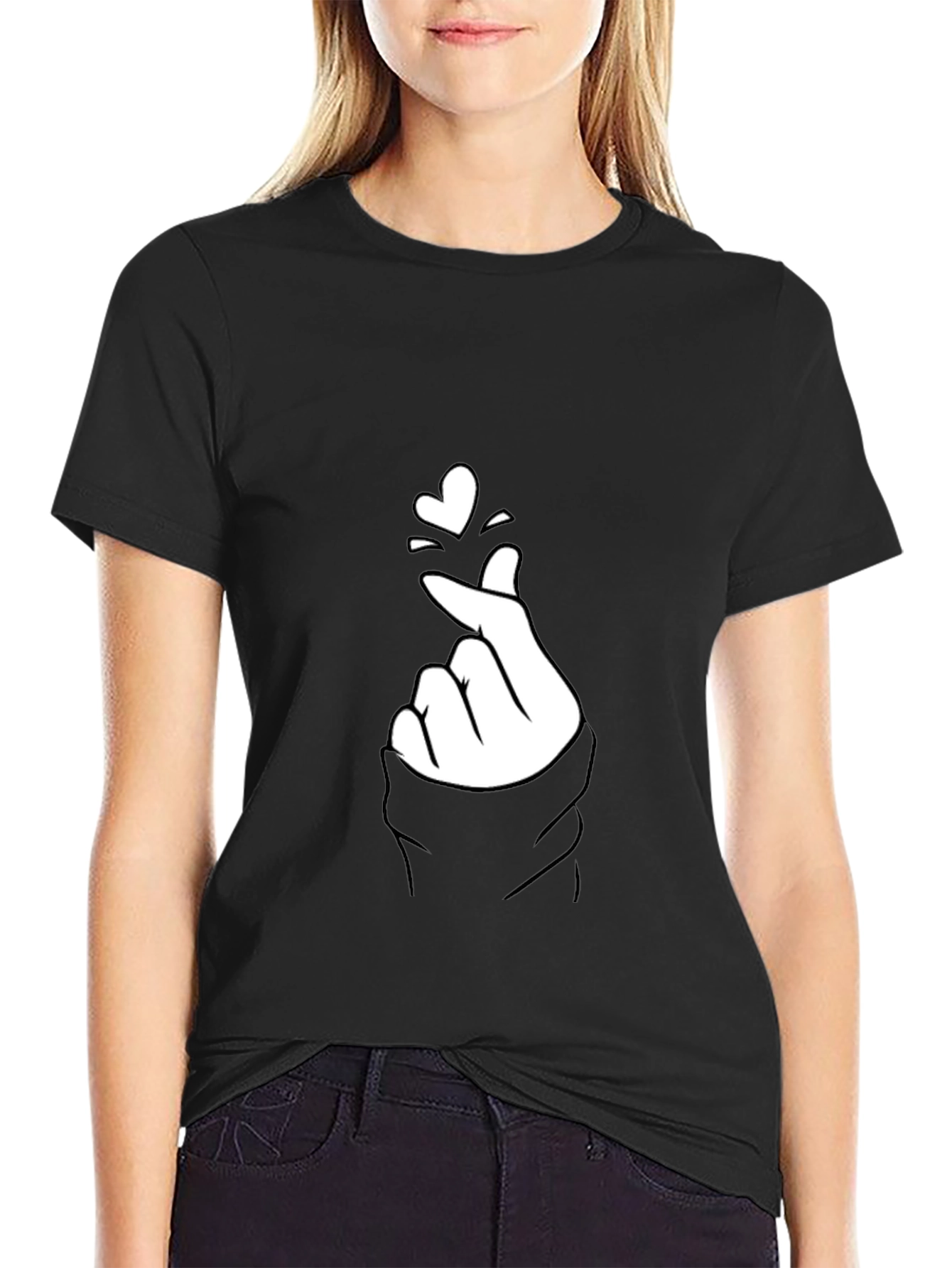 Black Tee with Finger Heart Graphic